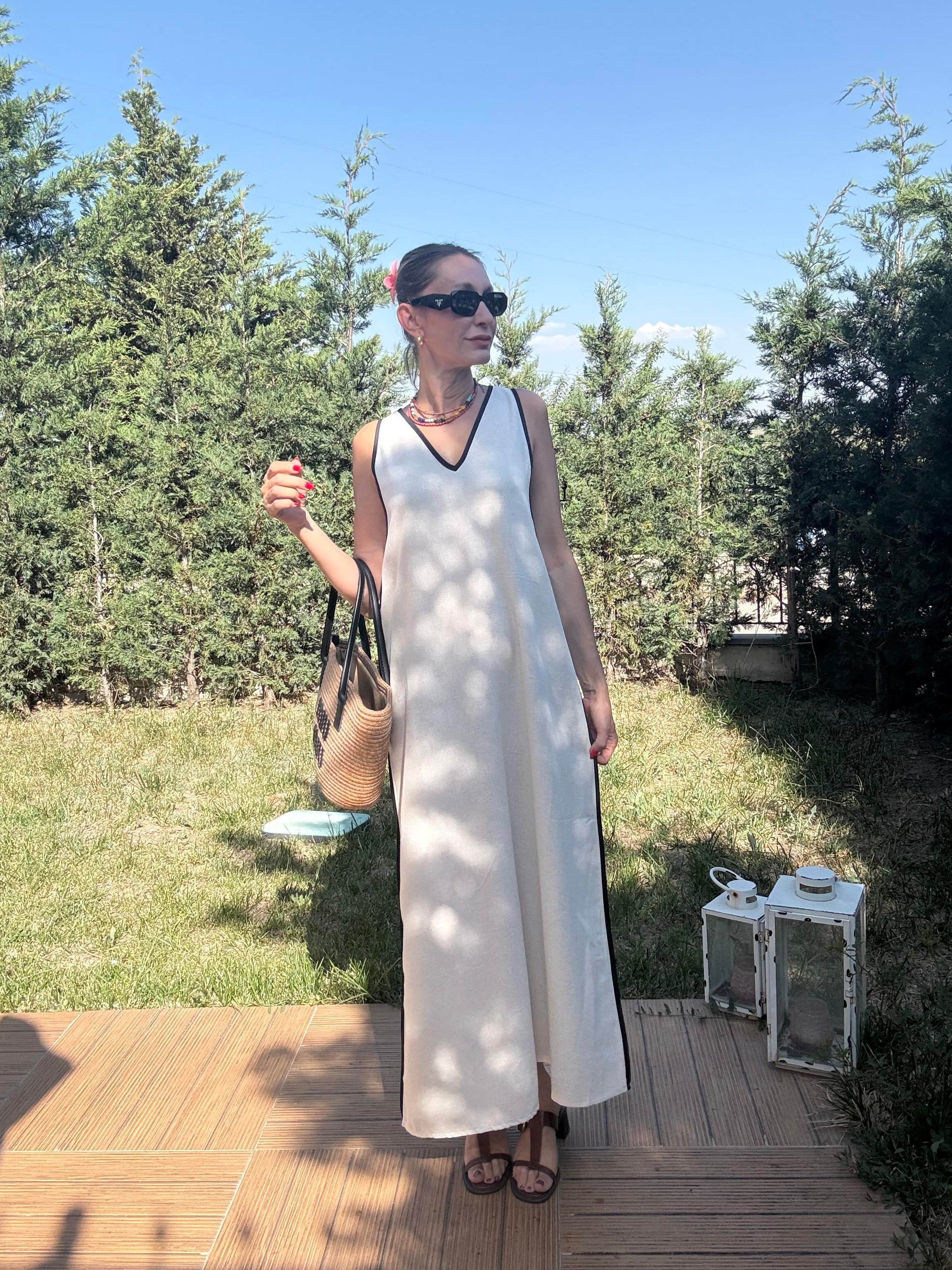 V Yaka Çima Dikişli Keten Elbise