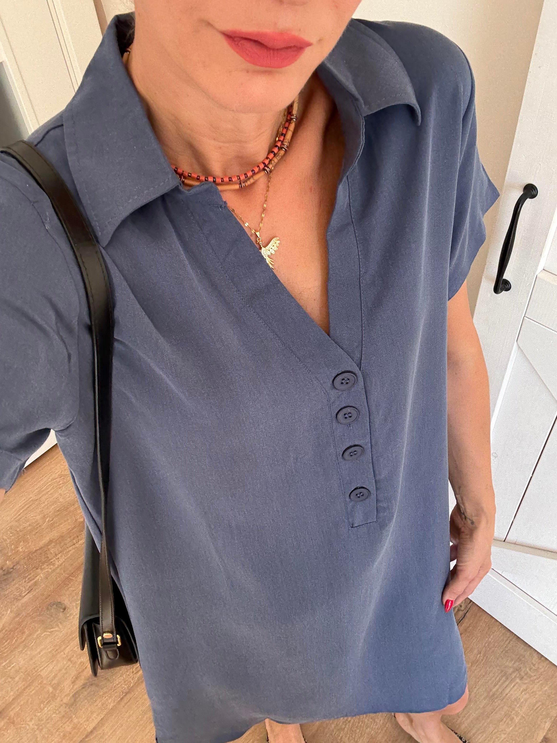 V Yaka Dört Düğmeli  MiniTensel Lacivert Elbise