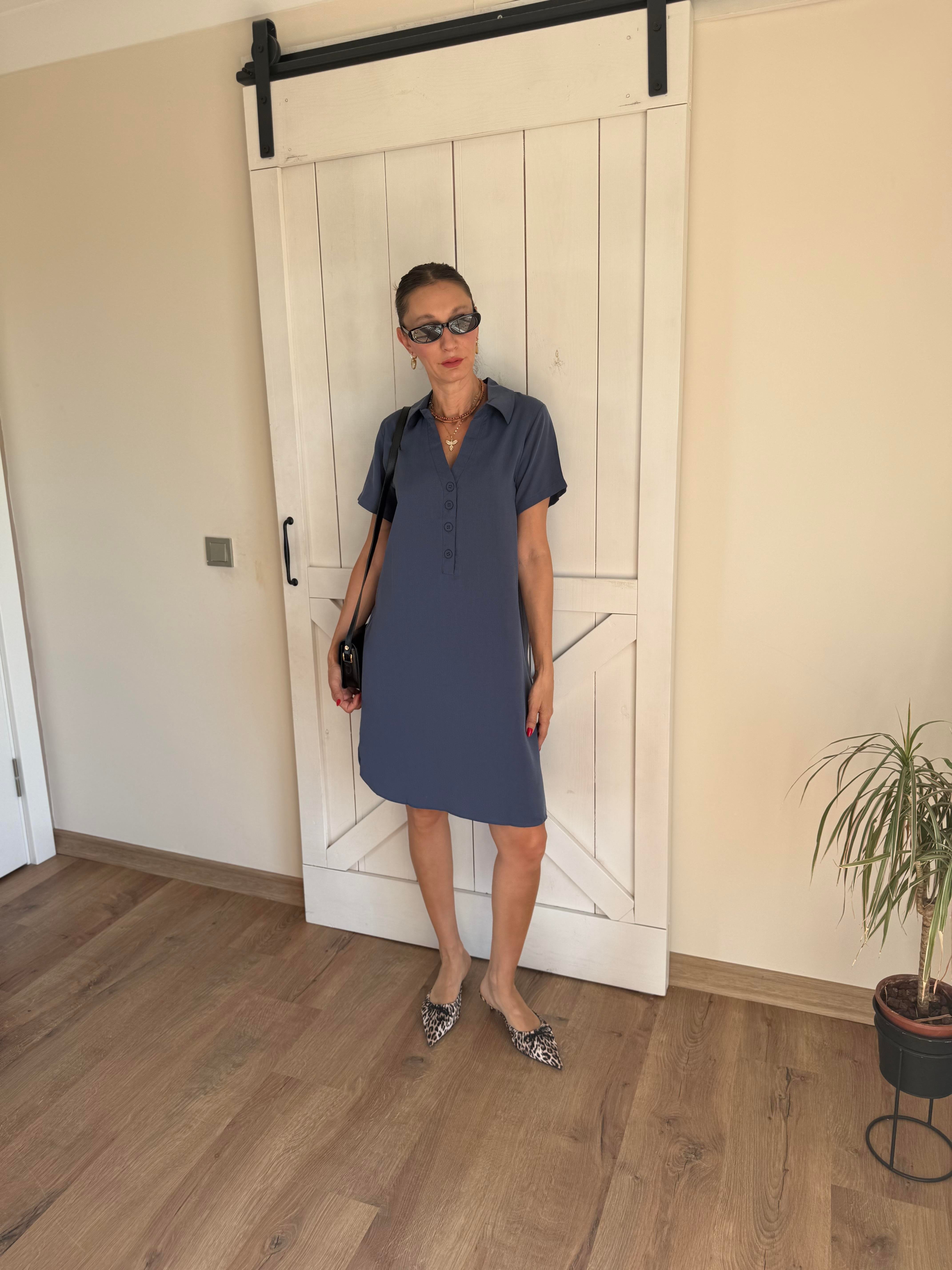 V Yaka Dört Düğmeli  MiniTensel Lacivert Elbise