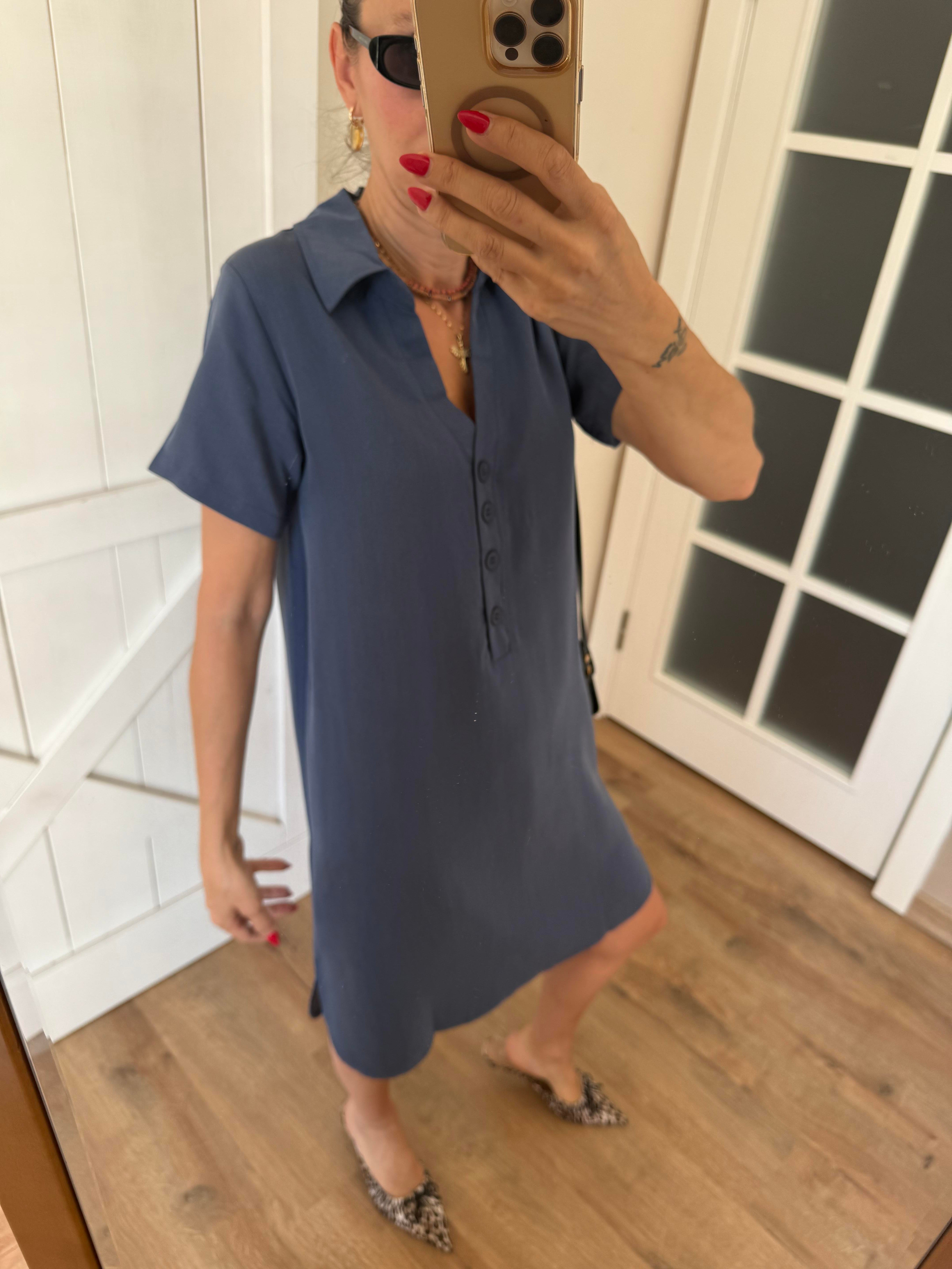 V Yaka Dört Düğmeli  MiniTensel Lacivert Elbise