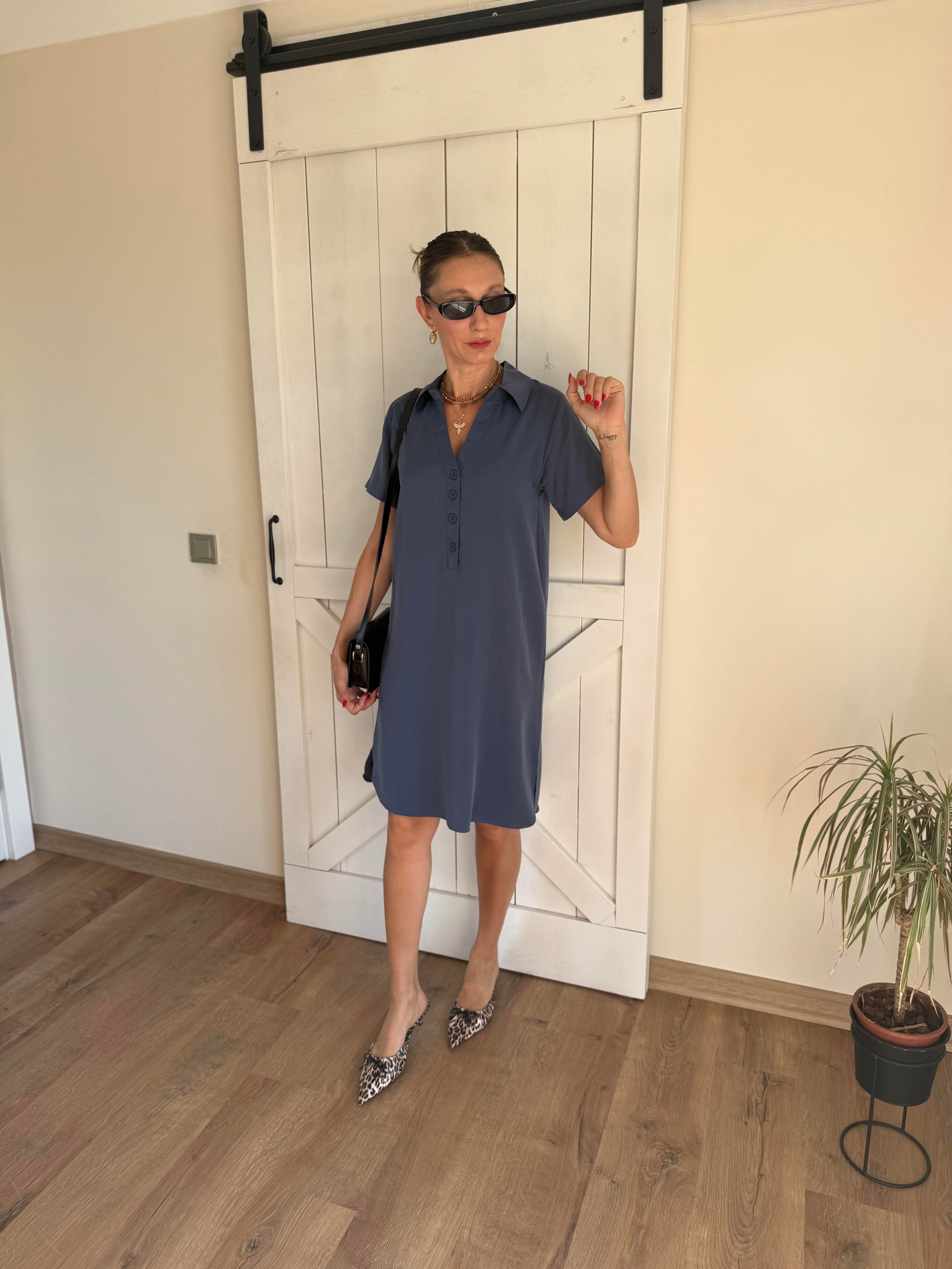 V Yaka Dört Düğmeli  MiniTensel Lacivert Elbise