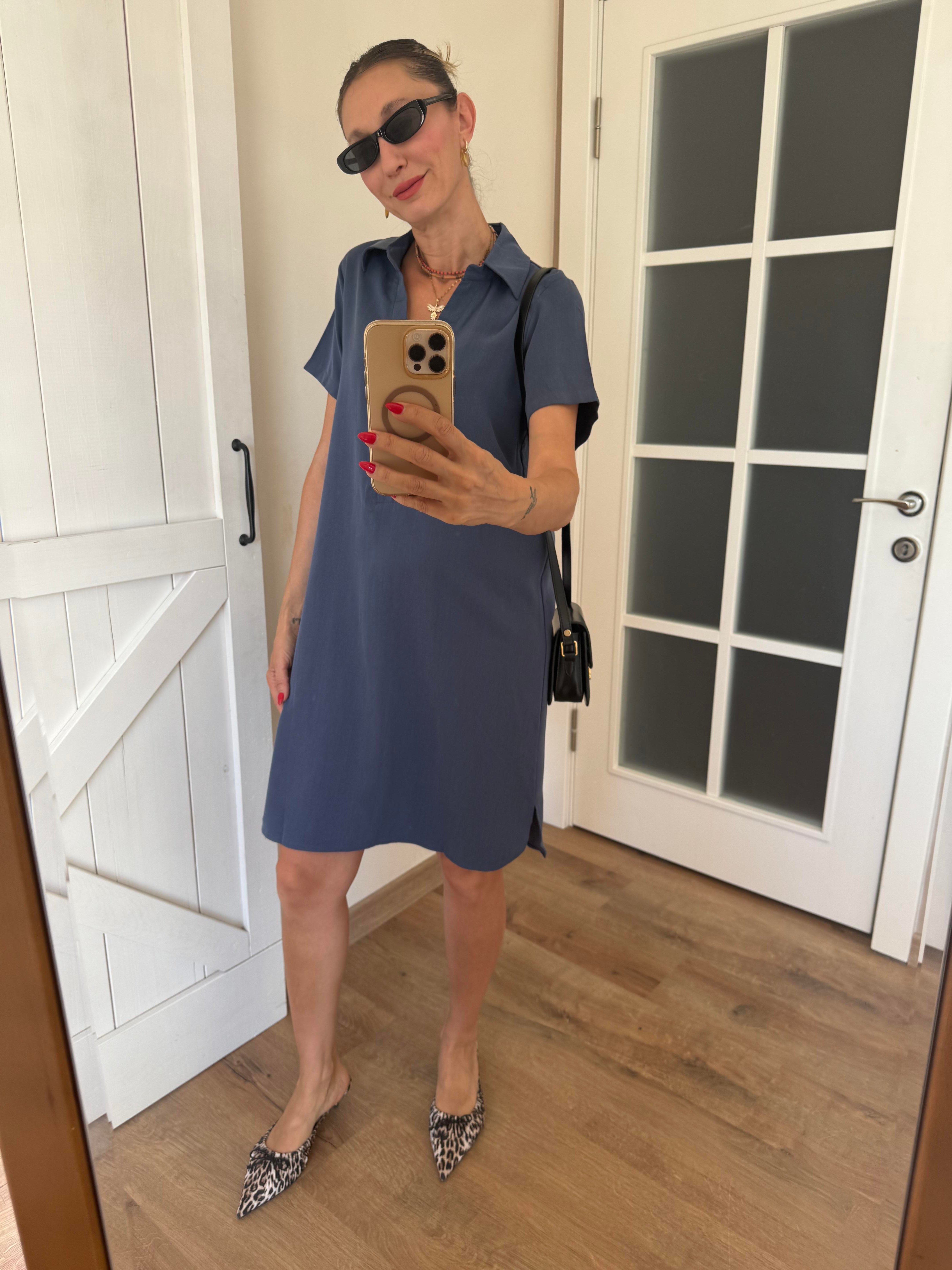 V Yaka Dört Düğmeli  MiniTensel Lacivert Elbise