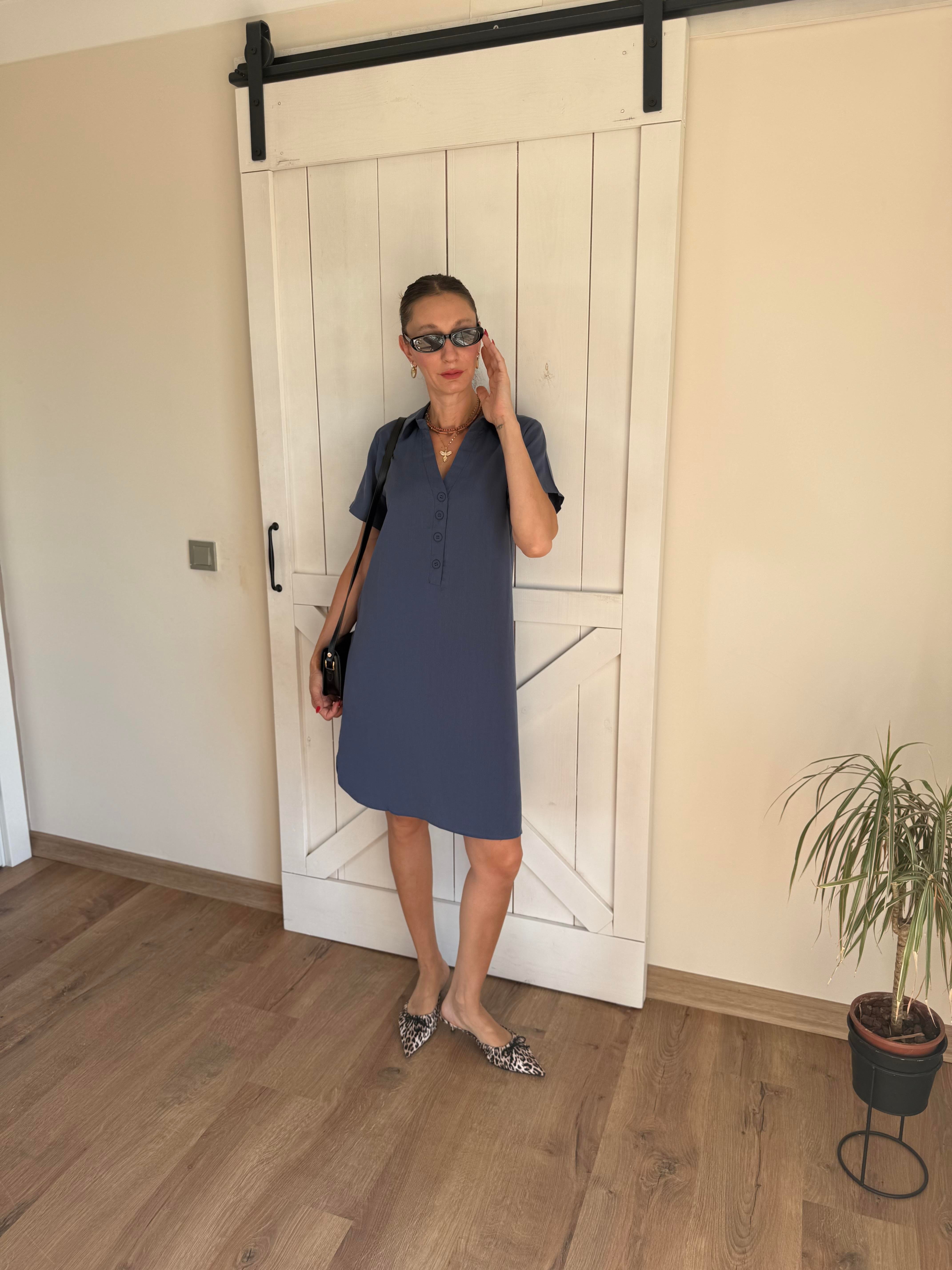 V Yaka Dört Düğmeli  MiniTensel Lacivert Elbise