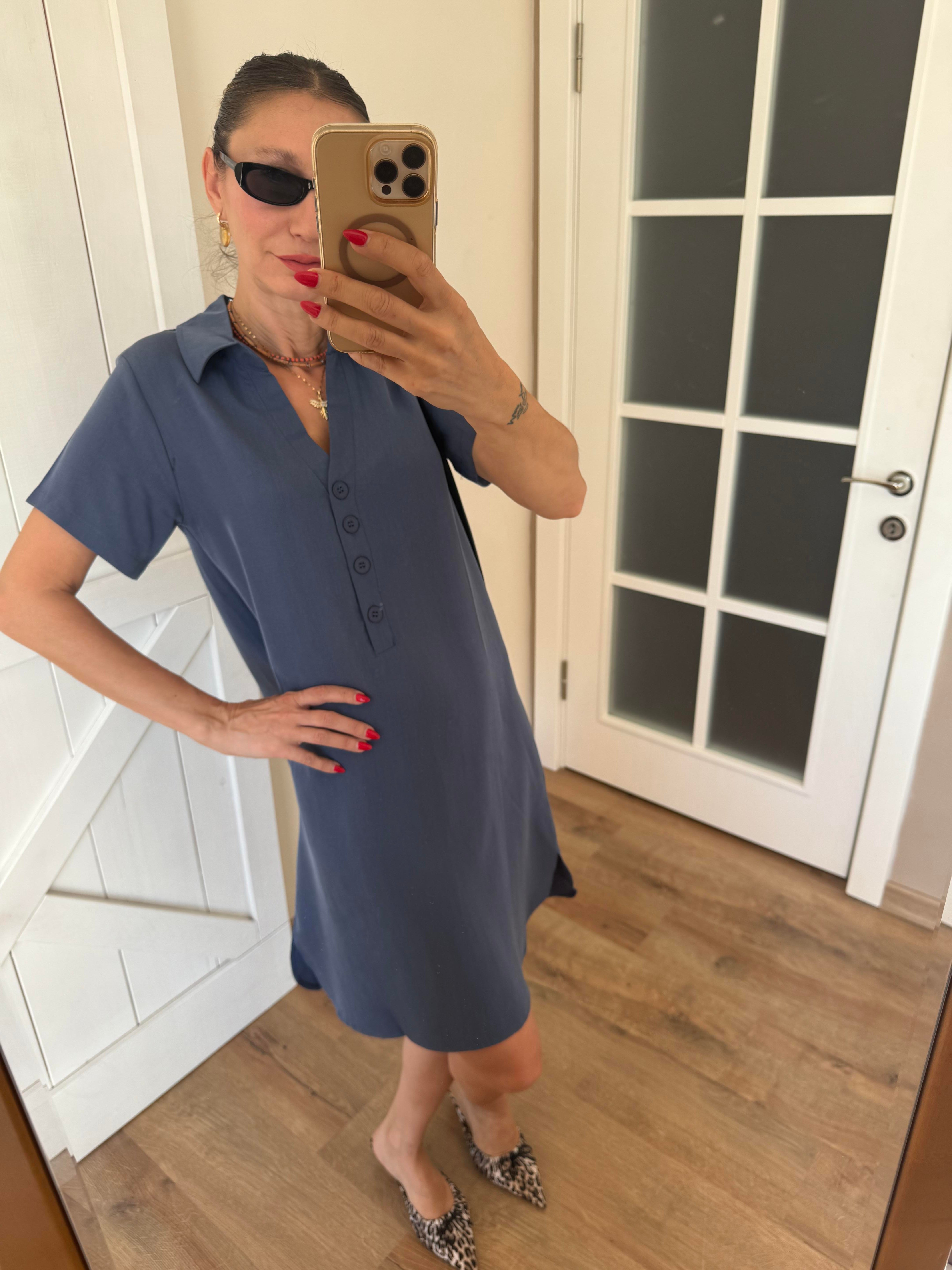 V Yaka Dört Düğmeli  MiniTensel Lacivert Elbise