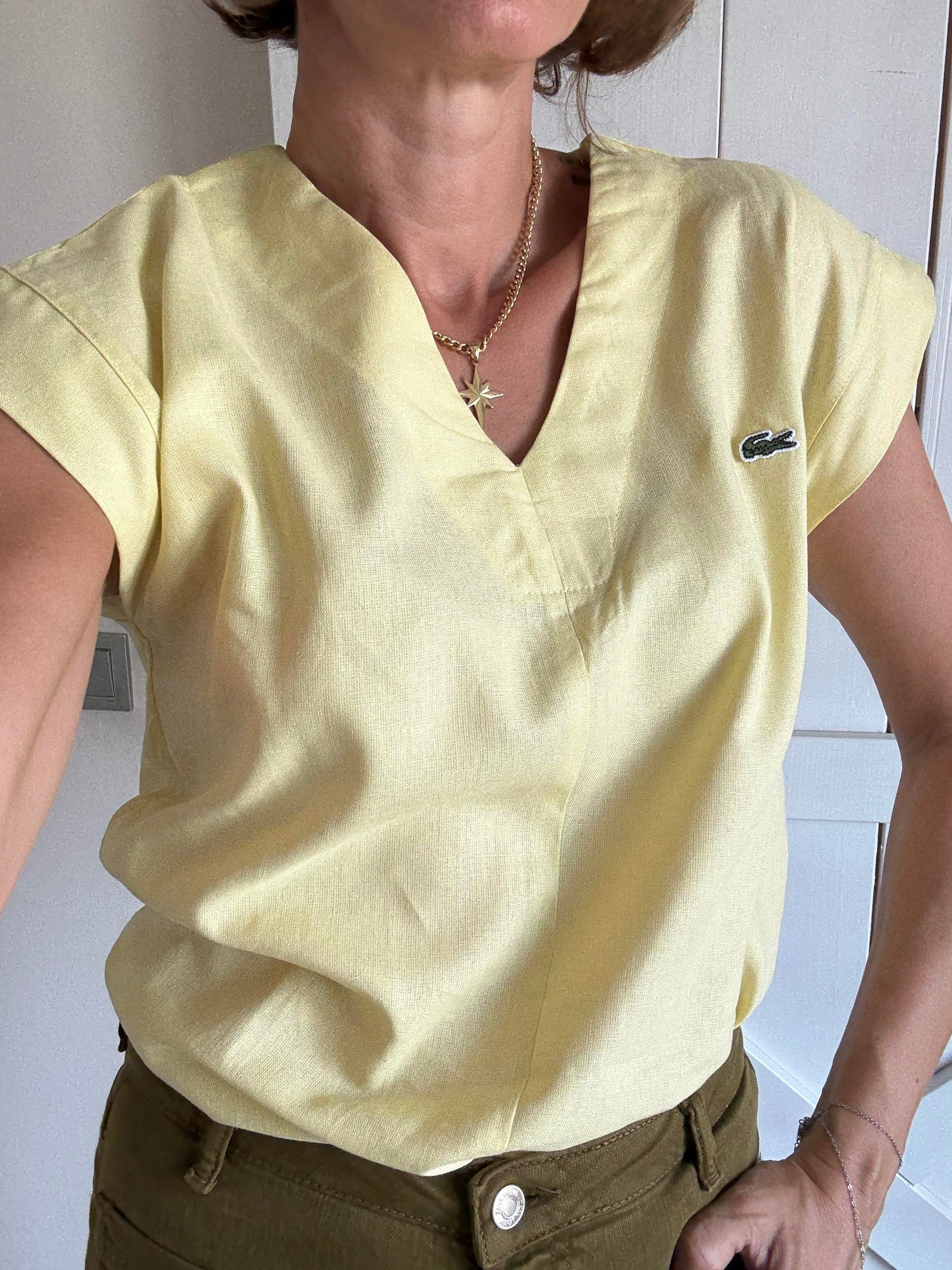 V Yaka Keten Sarı Bluz
