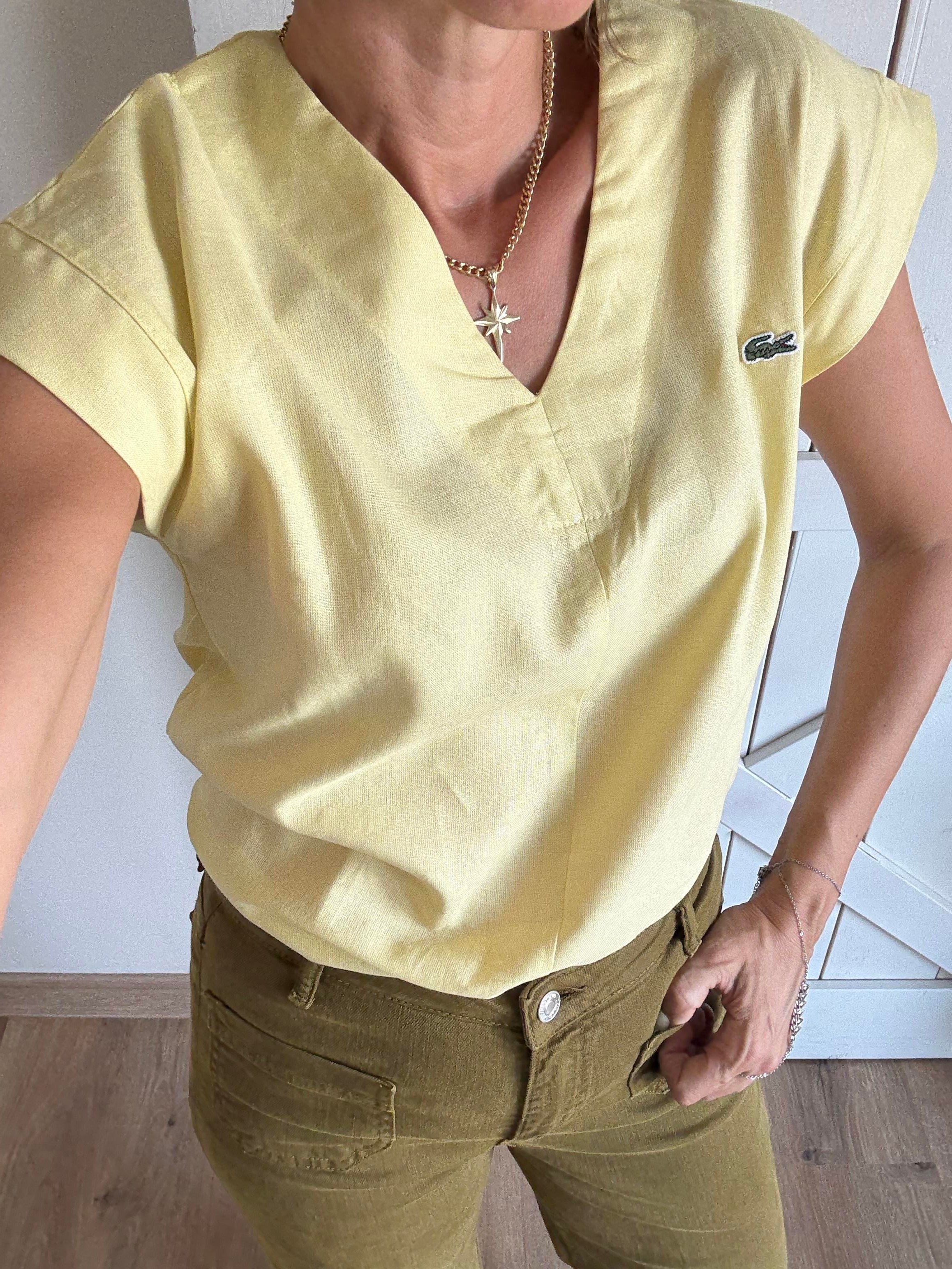 V Yaka Keten Sarı Bluz