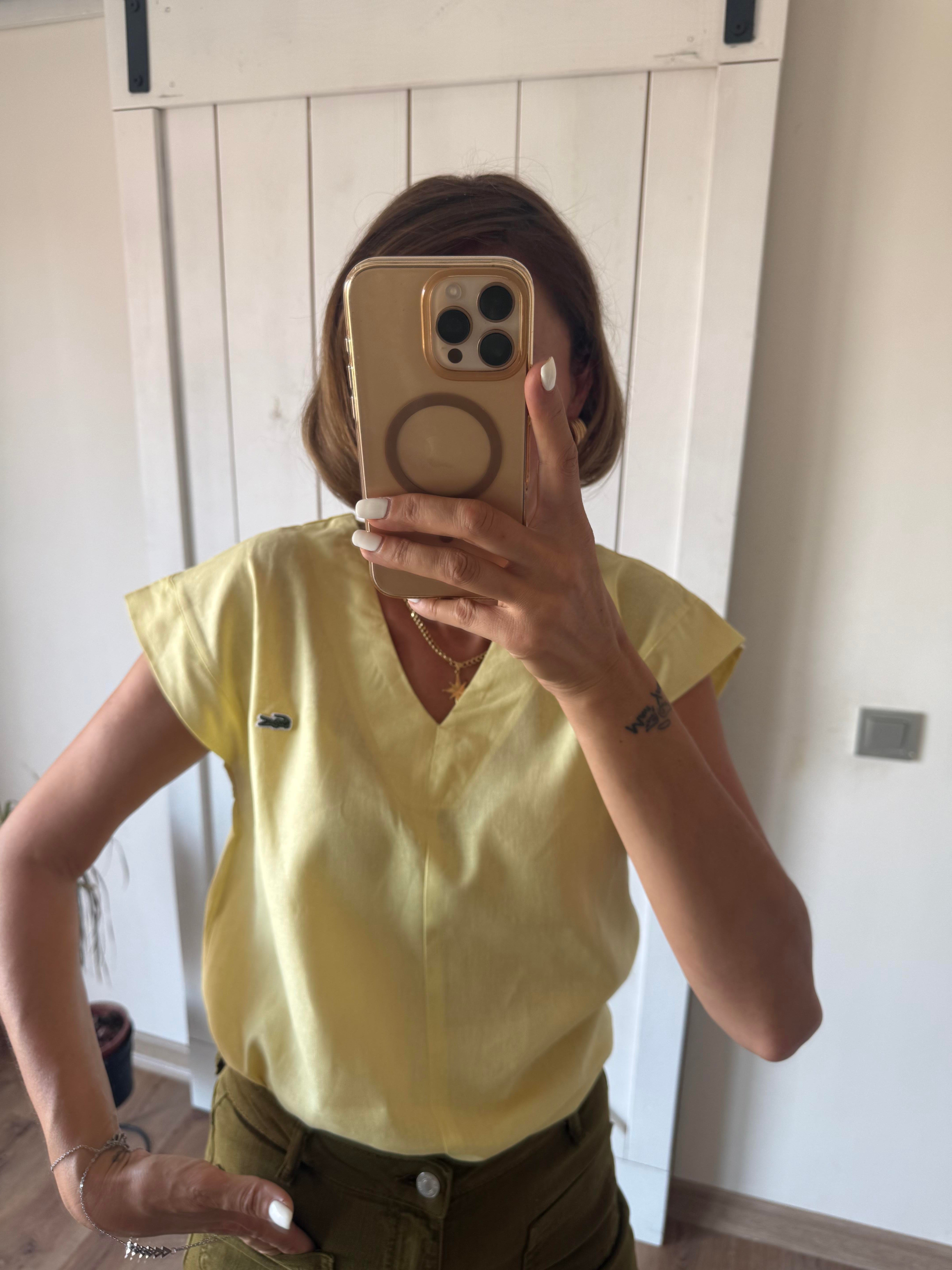 V Yaka Keten Sarı Bluz