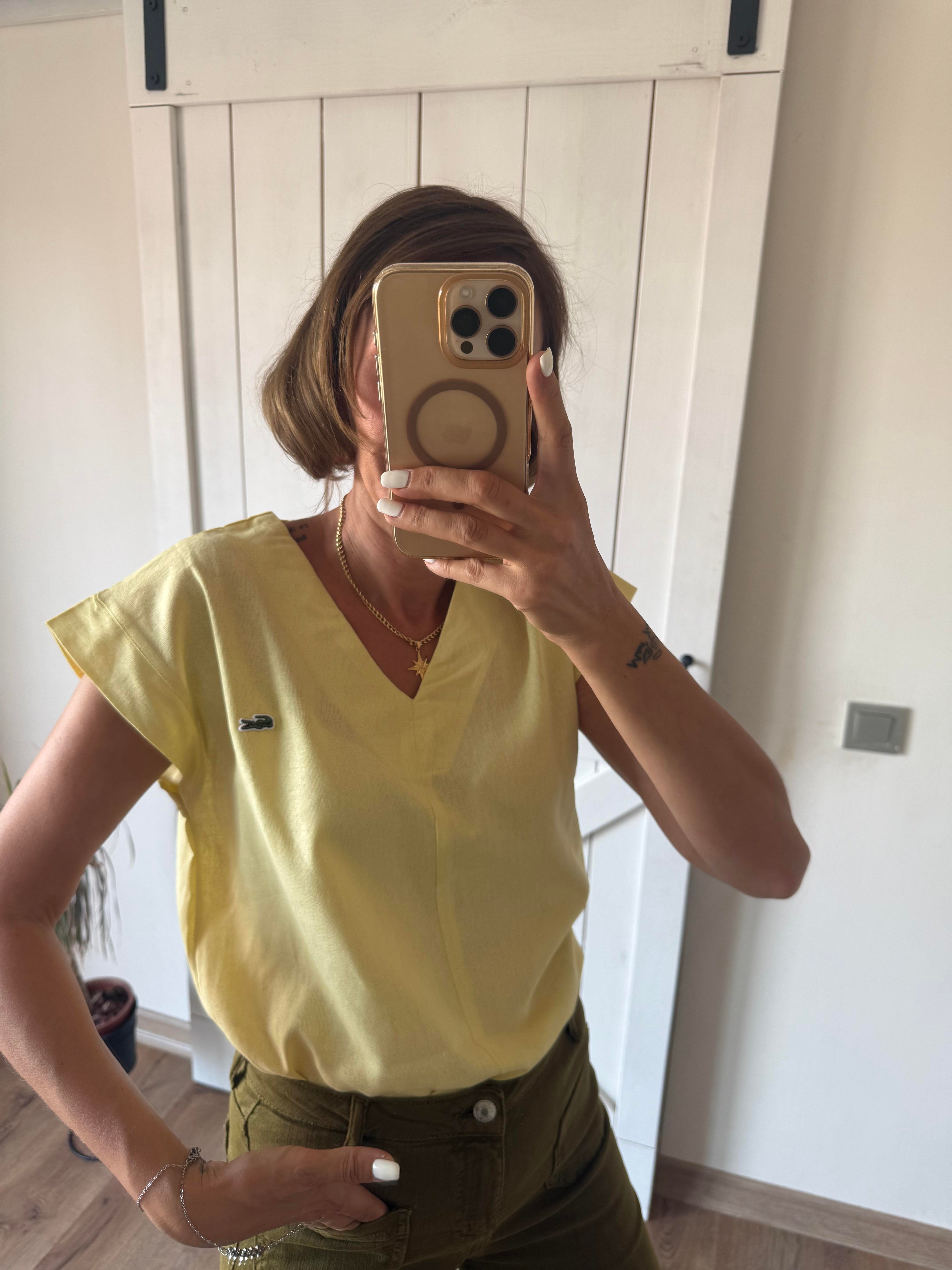 V Yaka Keten Sarı Bluz