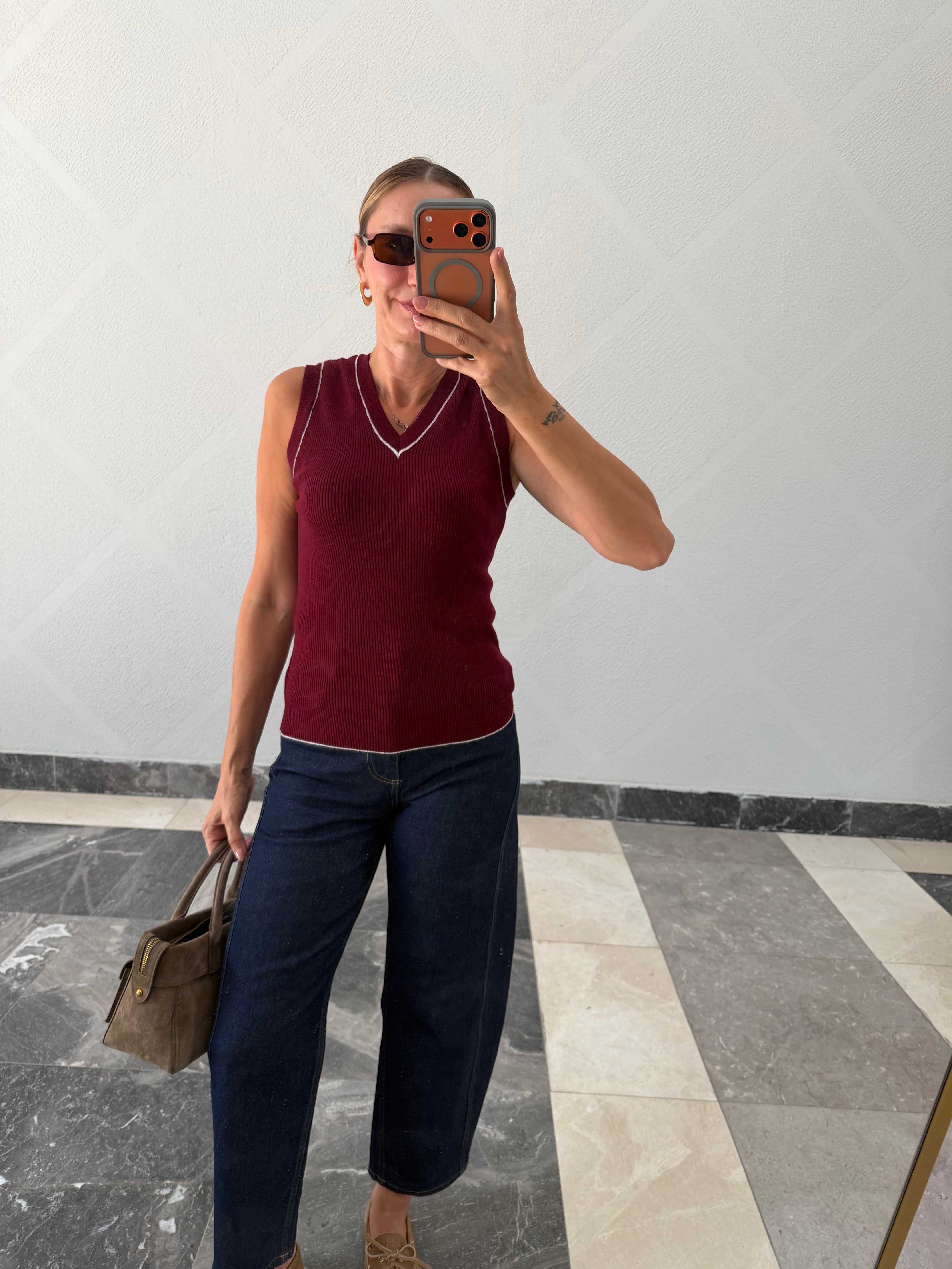 V Yaka Kolsuz Bordo Kos Süveter