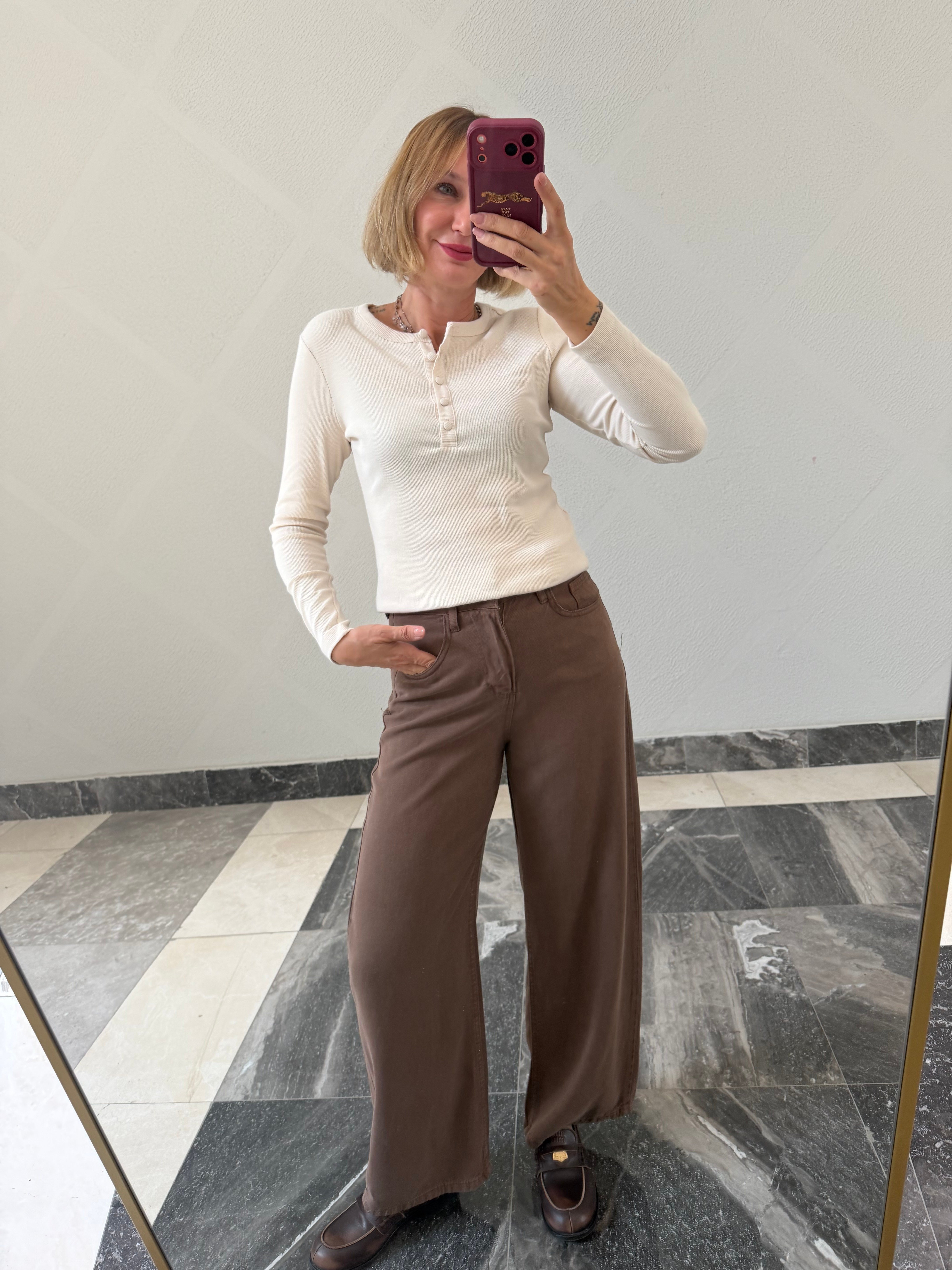 Velvet Yarım Düğmeli Ekru Basic