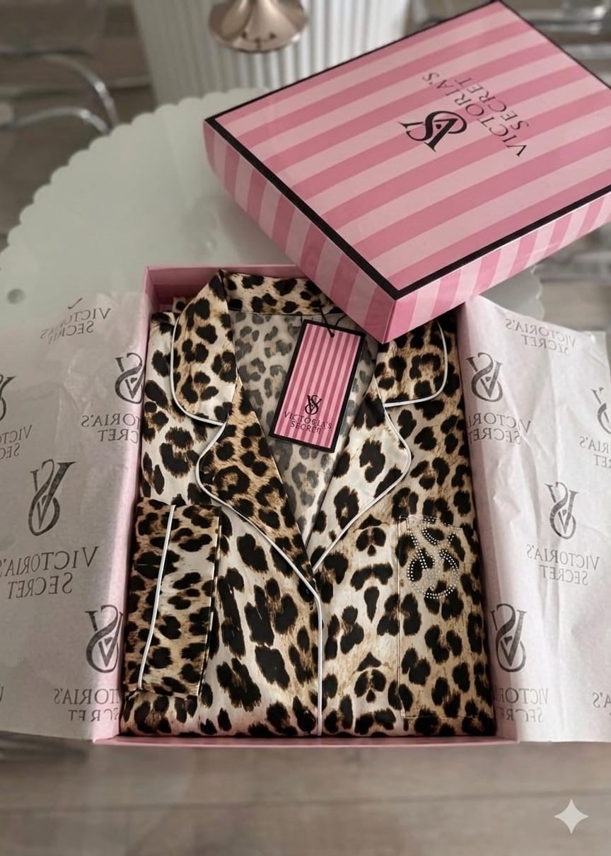 V&S Saten Viral  Leopar  Baskılı Şort Gömlek Pijama Takımı