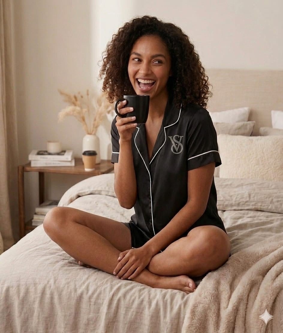 V&S Saten Viral  Siyah Şort Gömlek Pijama Takımı