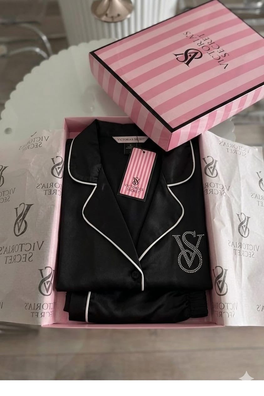 V&S Saten Viral  Siyah Şort Gömlek Pijama Takımı