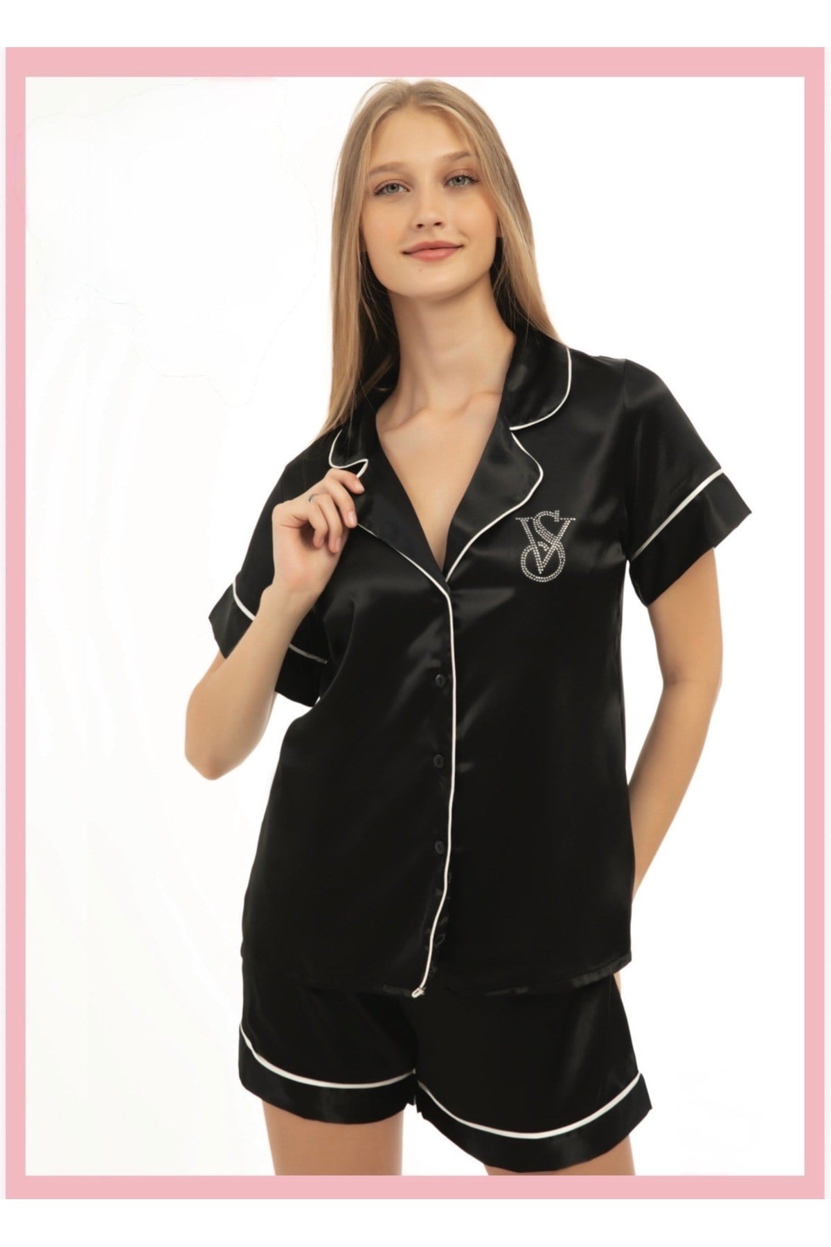 V&S Saten Viral  Siyah Şort Gömlek Pijama Takımı