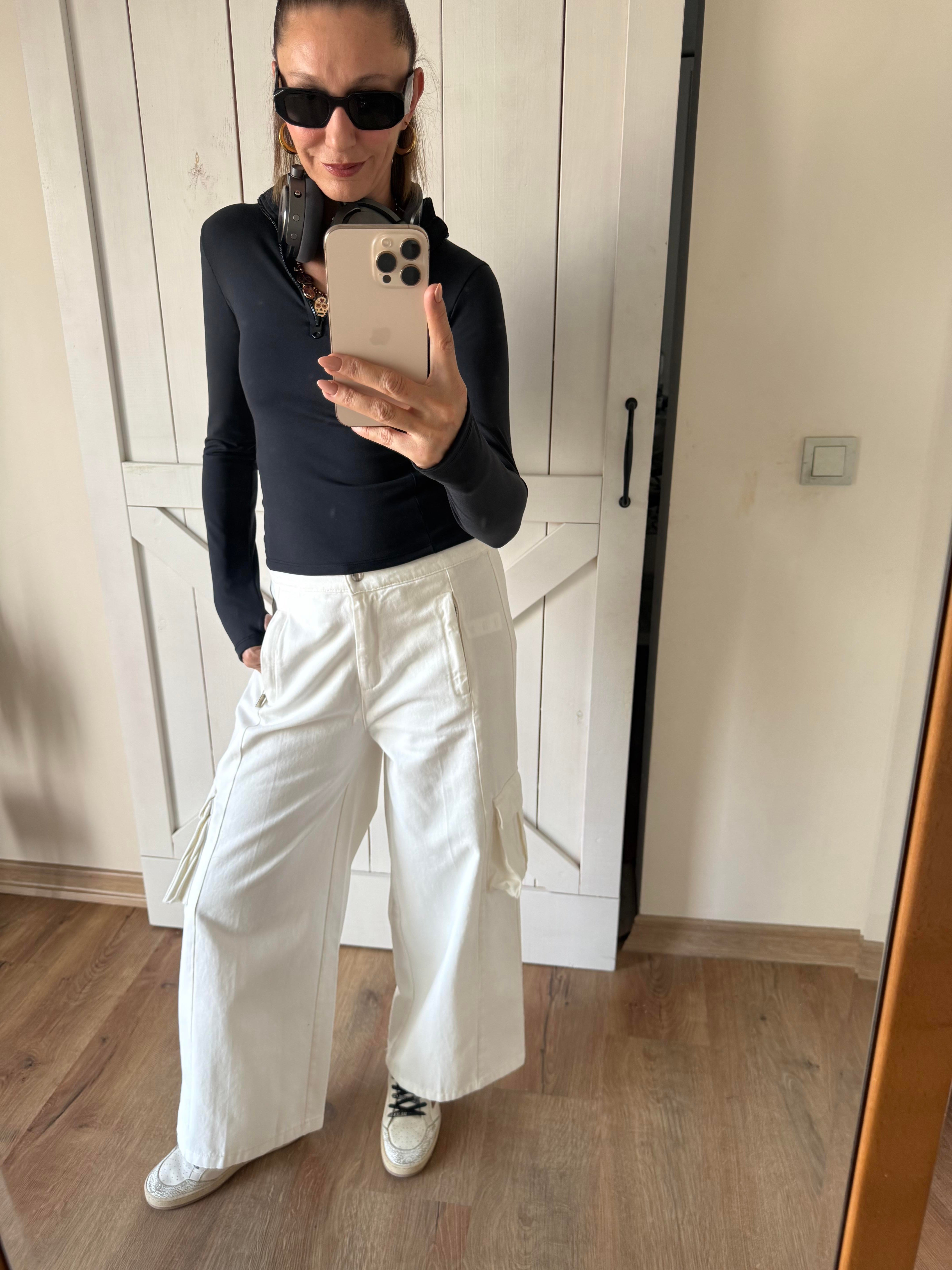 Wide Leg Kırık Beyaz Kargo Cep Aloha Pantolon