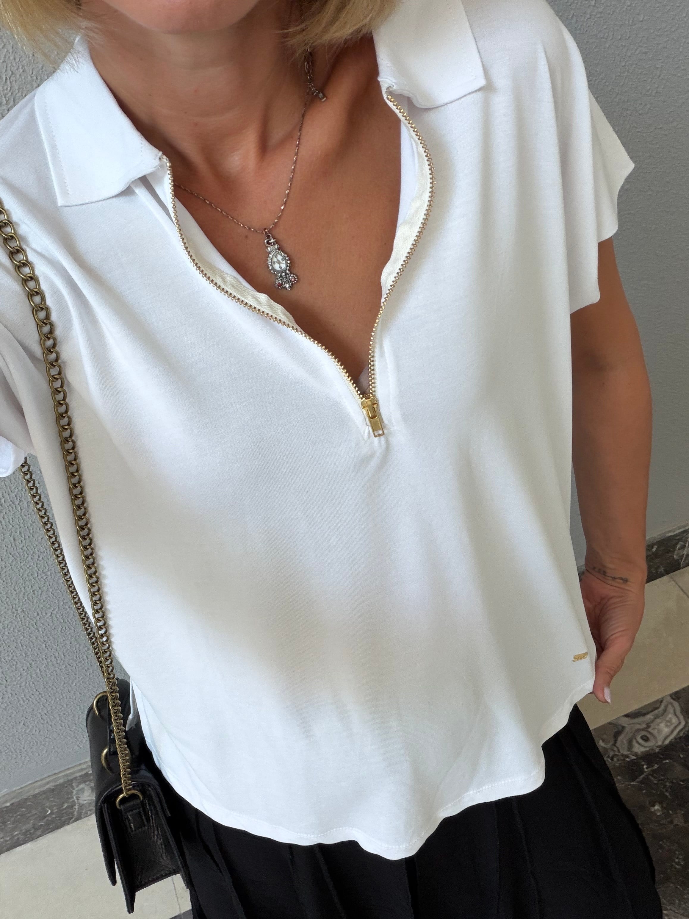 Work Beyaz Yarım Fermuarlı Tshirt