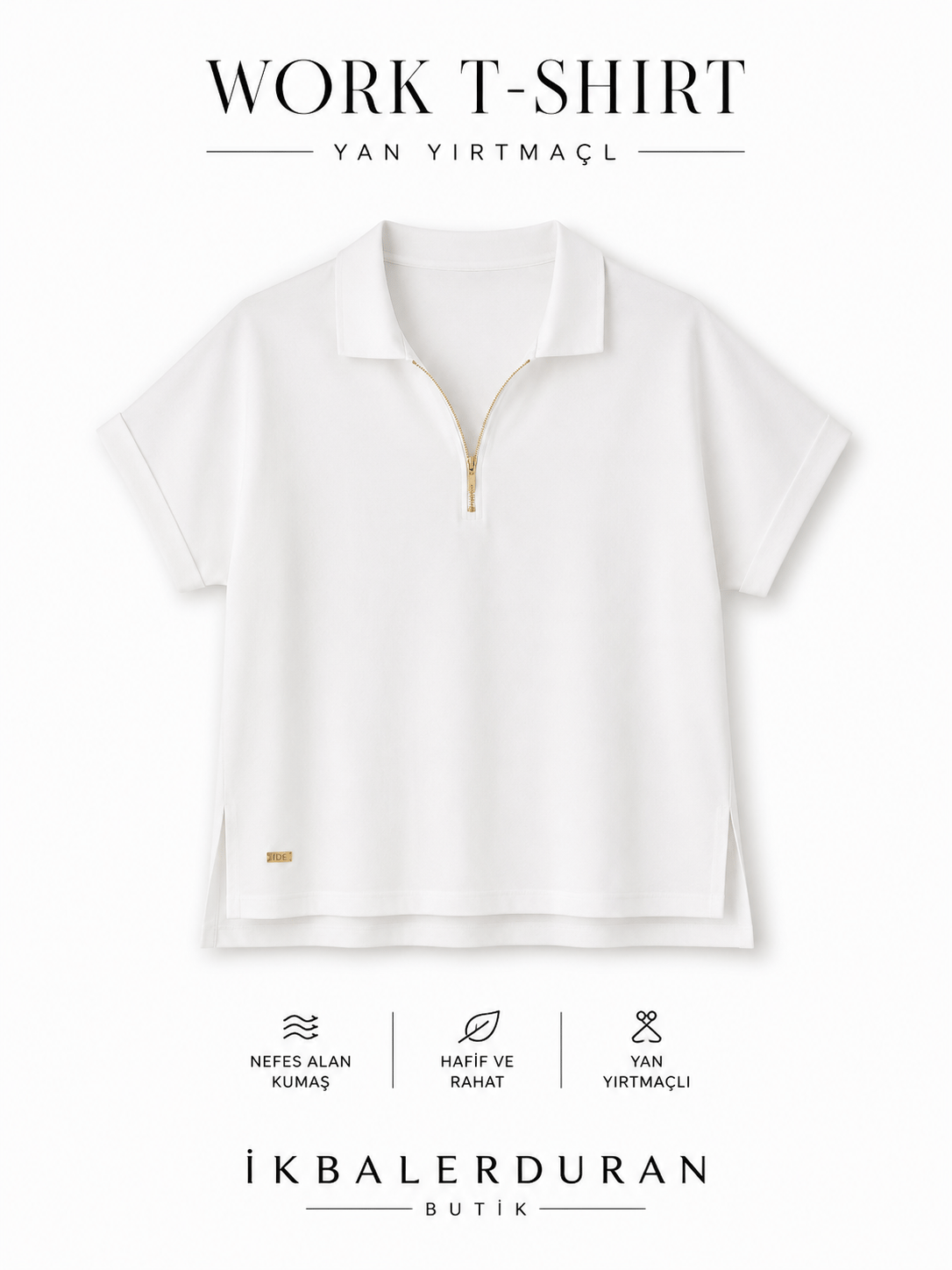 Work Beyaz Yarım Fermuarlı Tshirt