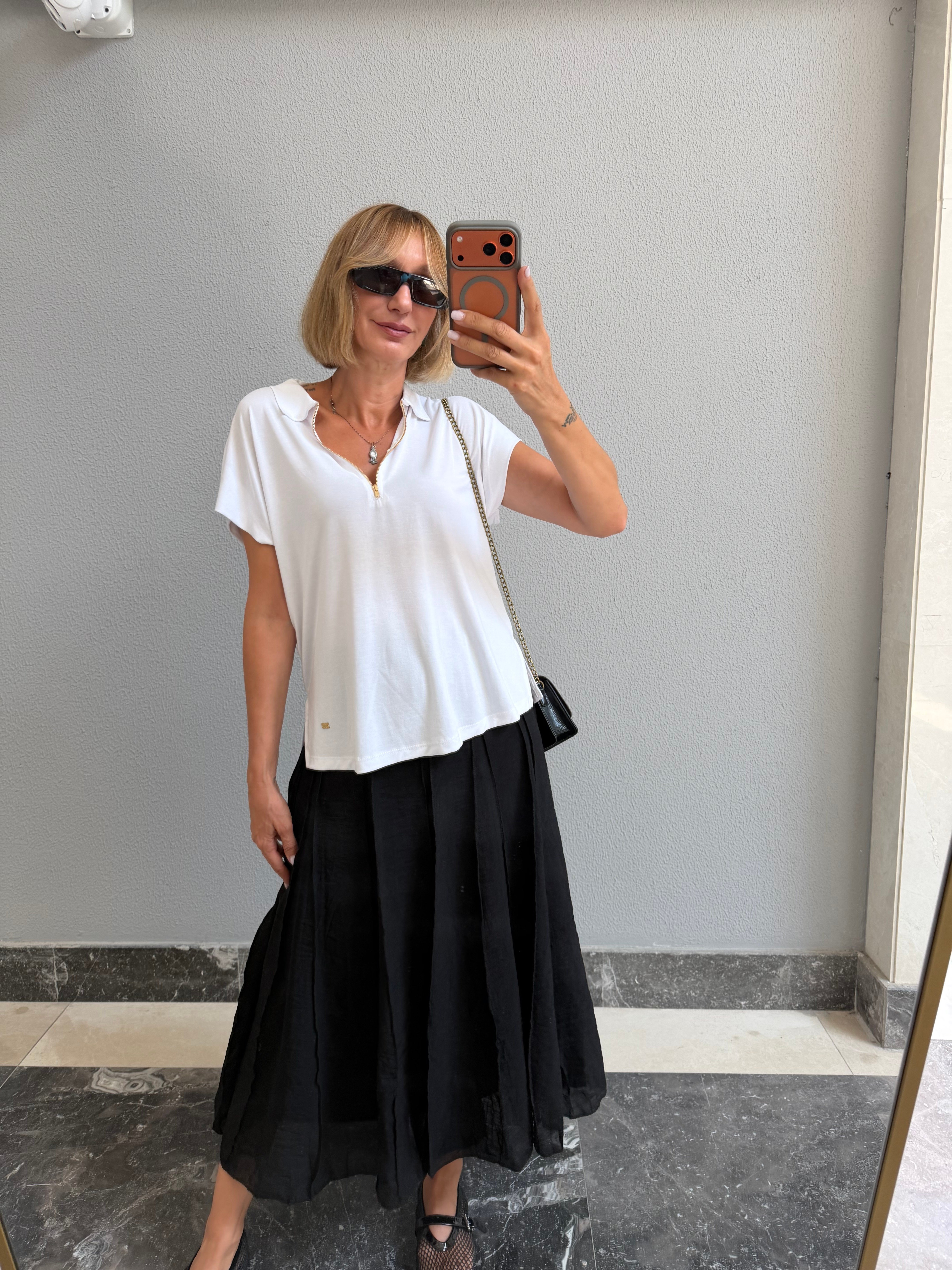Work Beyaz Yarım Fermuarlı Tshirt