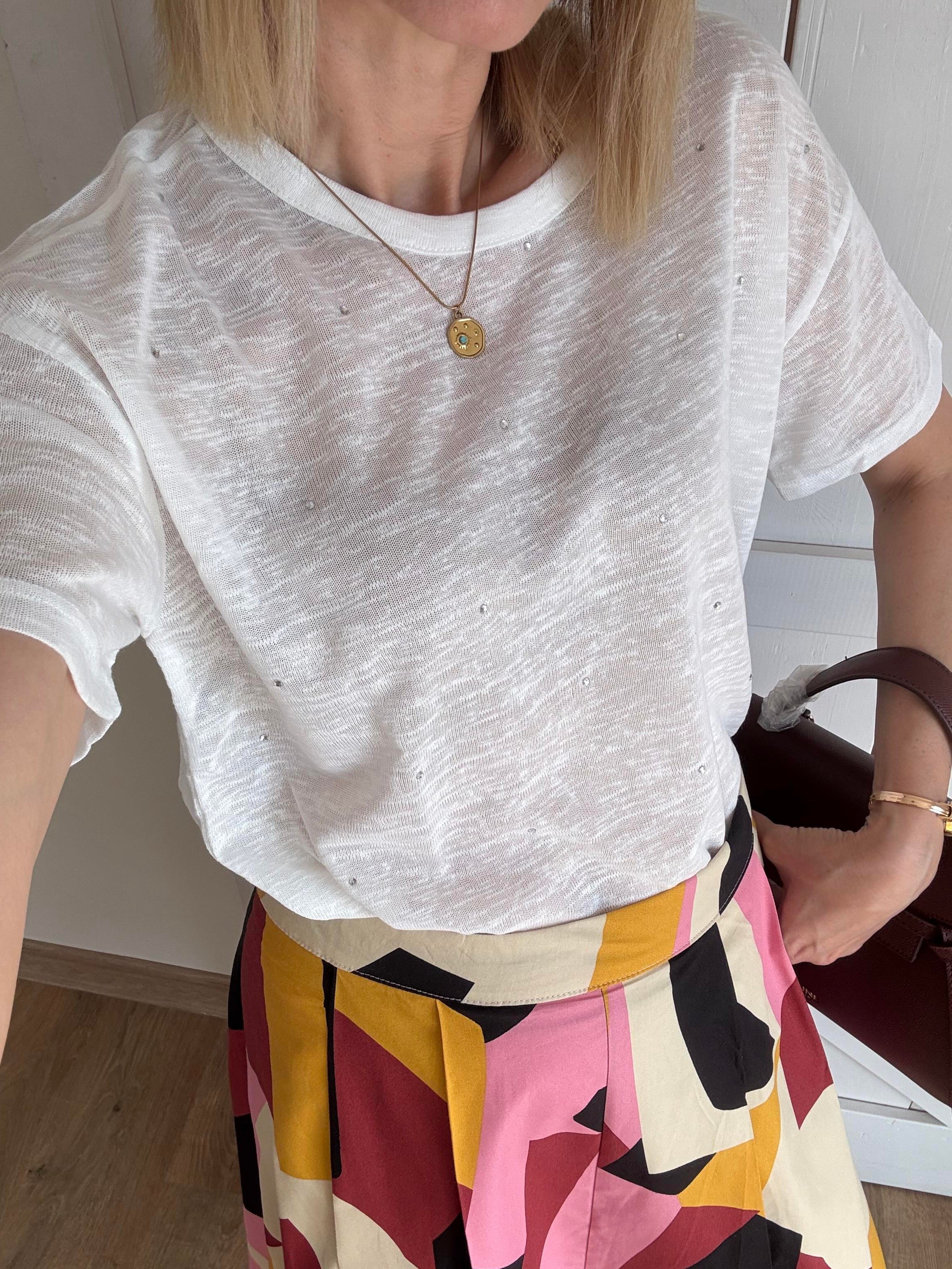 Work Taş İşlemeli Keten Karışımı Tshirt