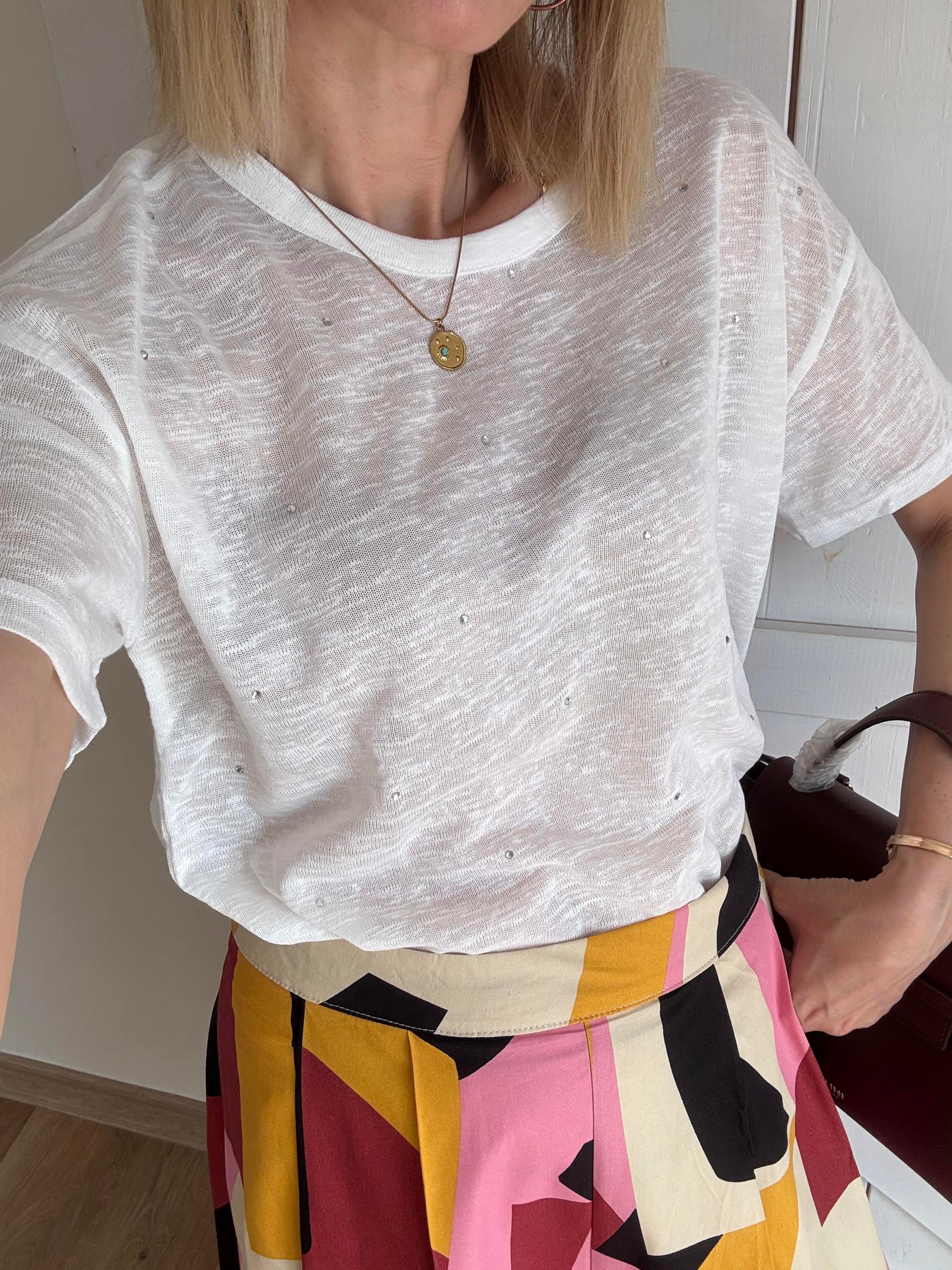 Work Taş İşlemeli Keten Karışımı Tshirt