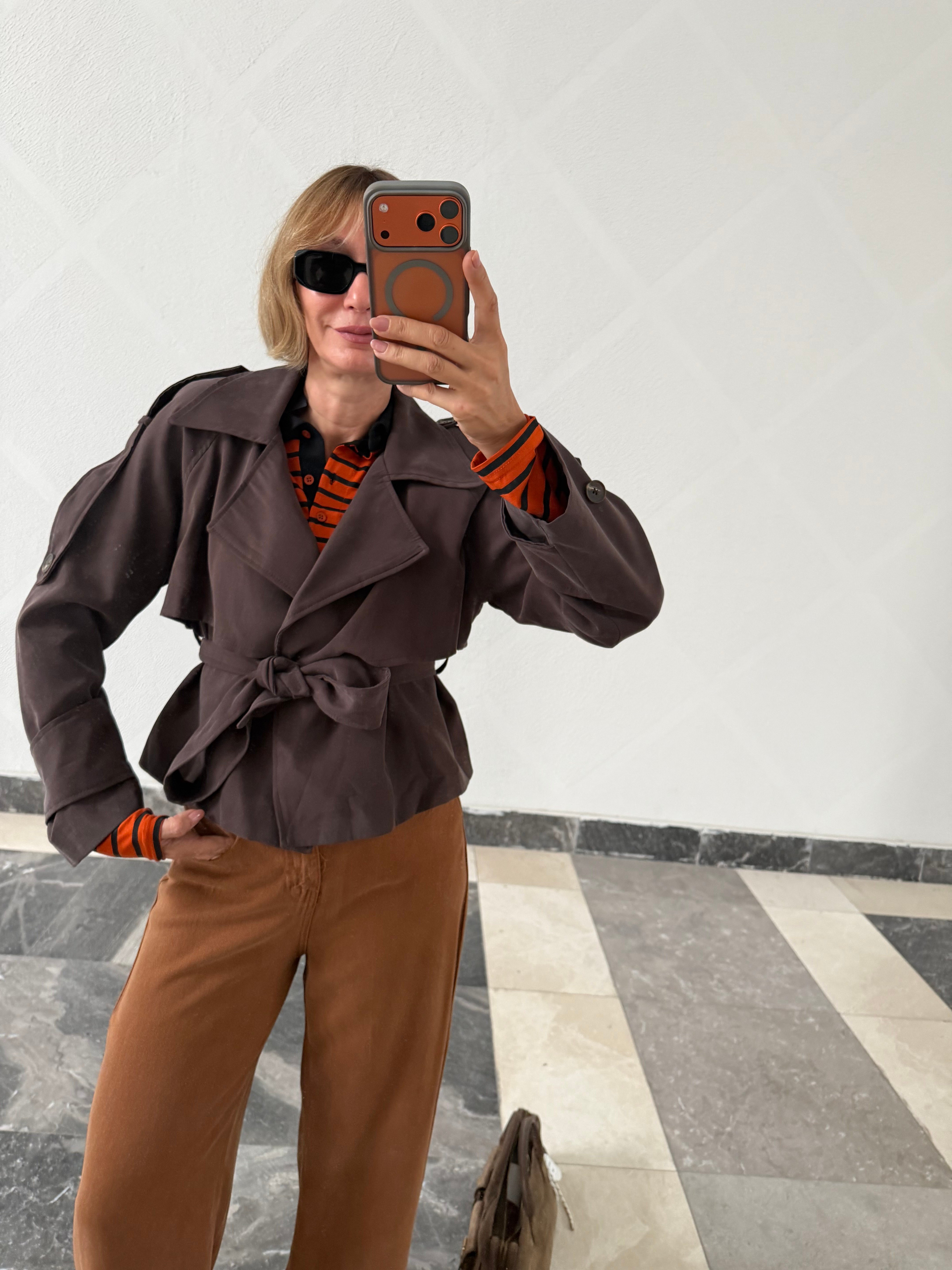 Work Tensel  Kuşaklı Acı Kahve Kısa Trenç