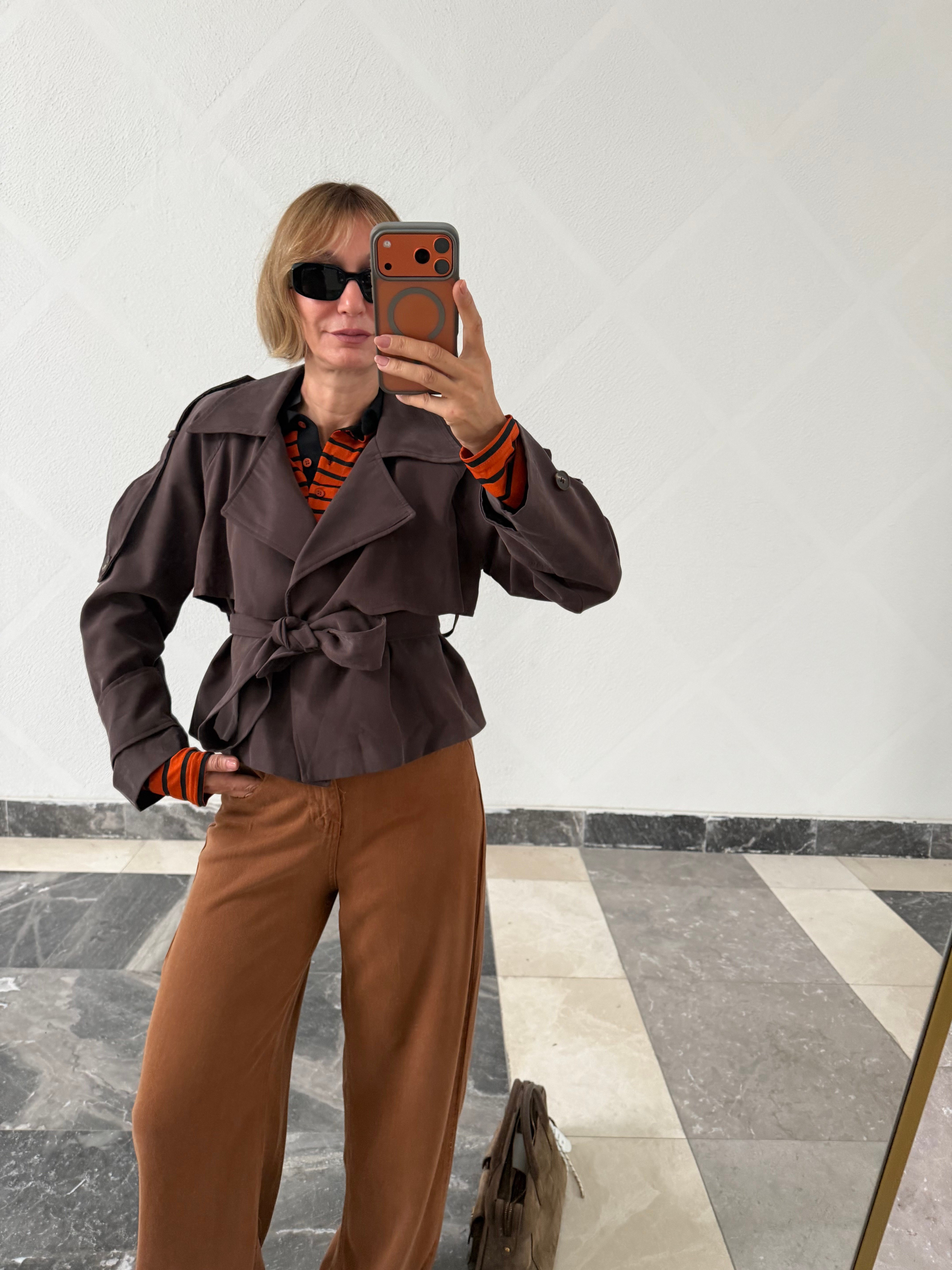 Work Tensel  Kuşaklı Acı Kahve Kısa Trenç