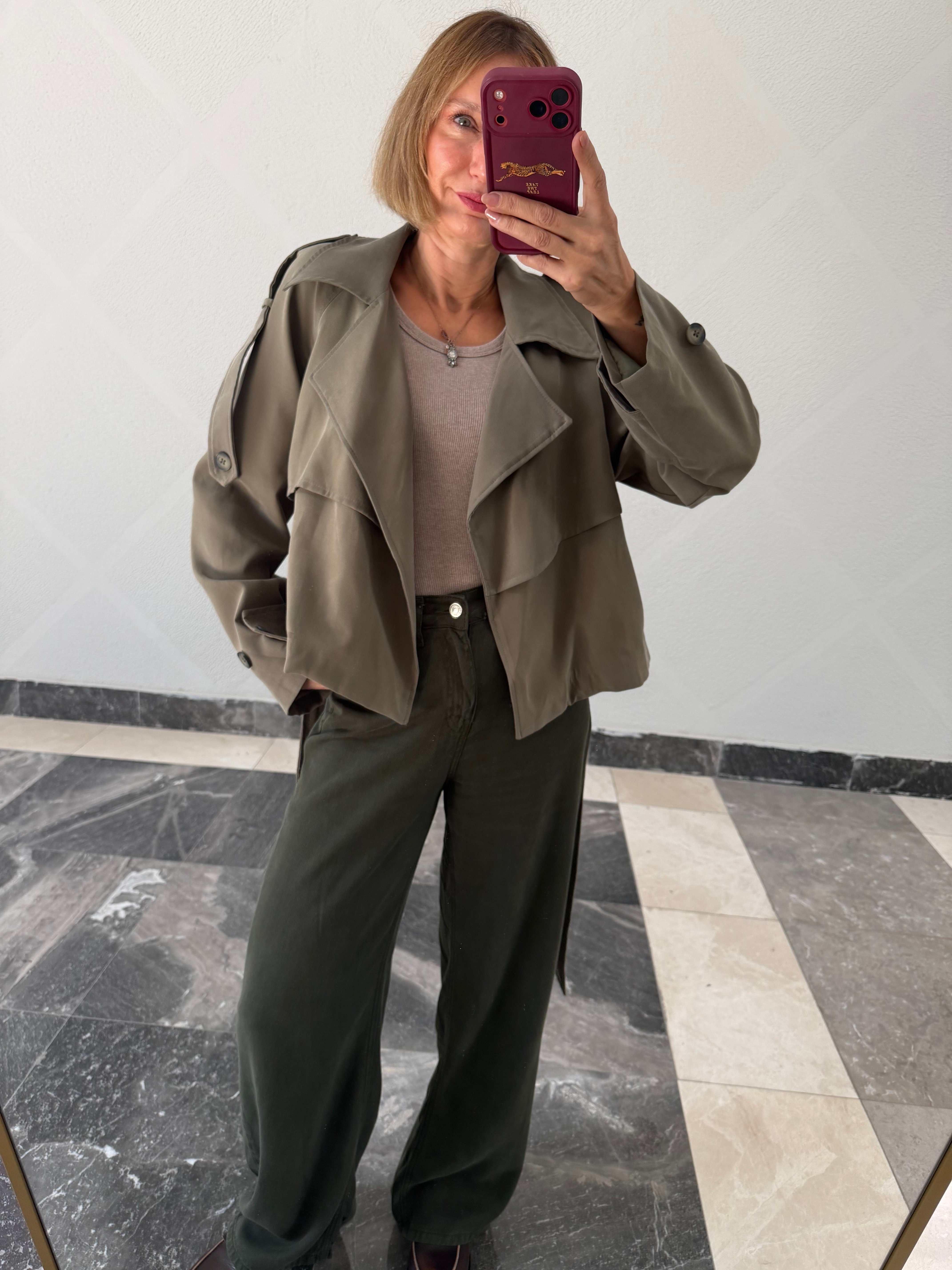 Work Tensel  Kuşaklı Çağla Kısa Trenç