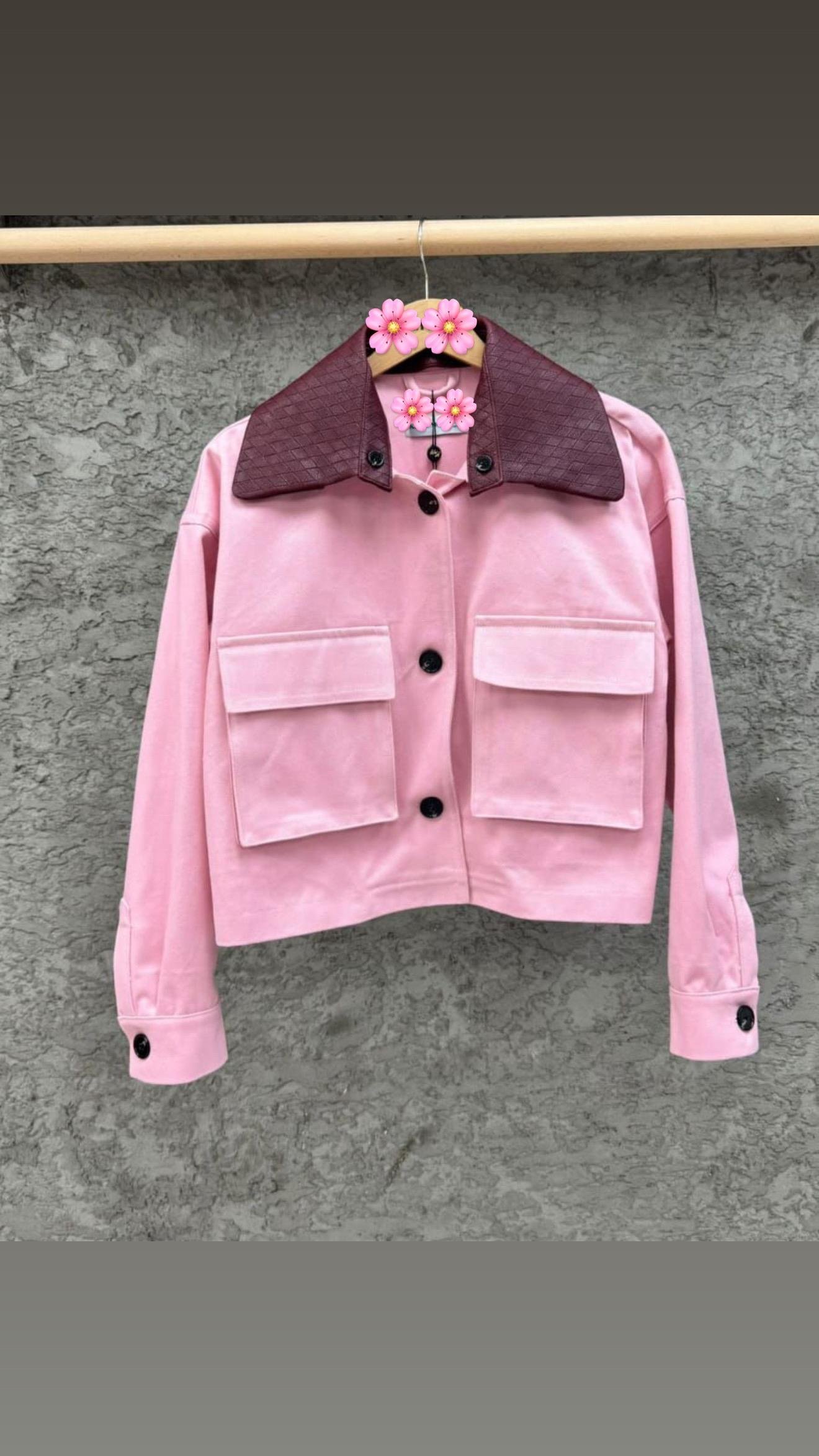 Yaka Deri Detaylı Marka Model Pembe Ceket