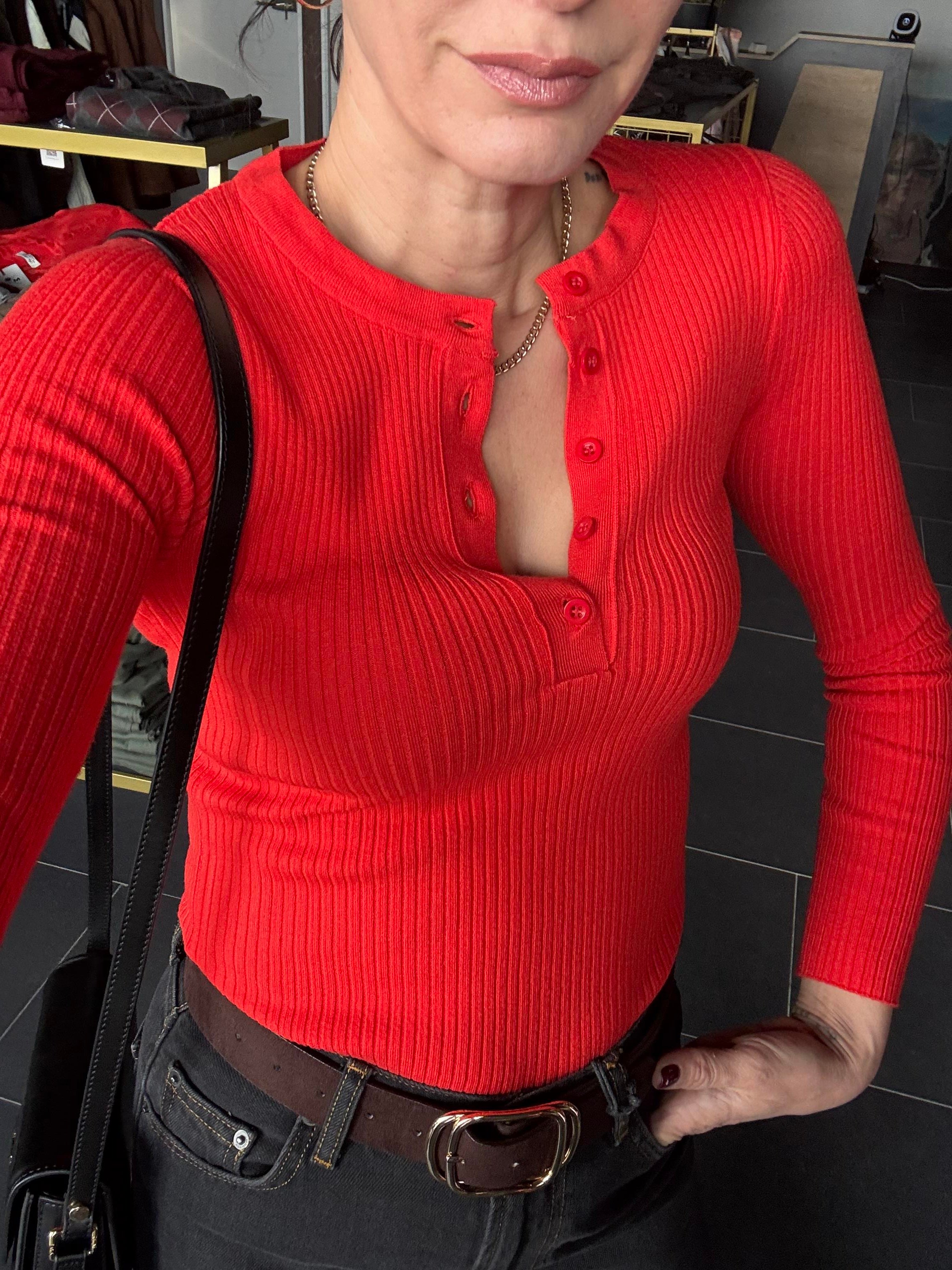 Yarım Düğmeli Fitilli Nar Çiçeği Triko Kazak