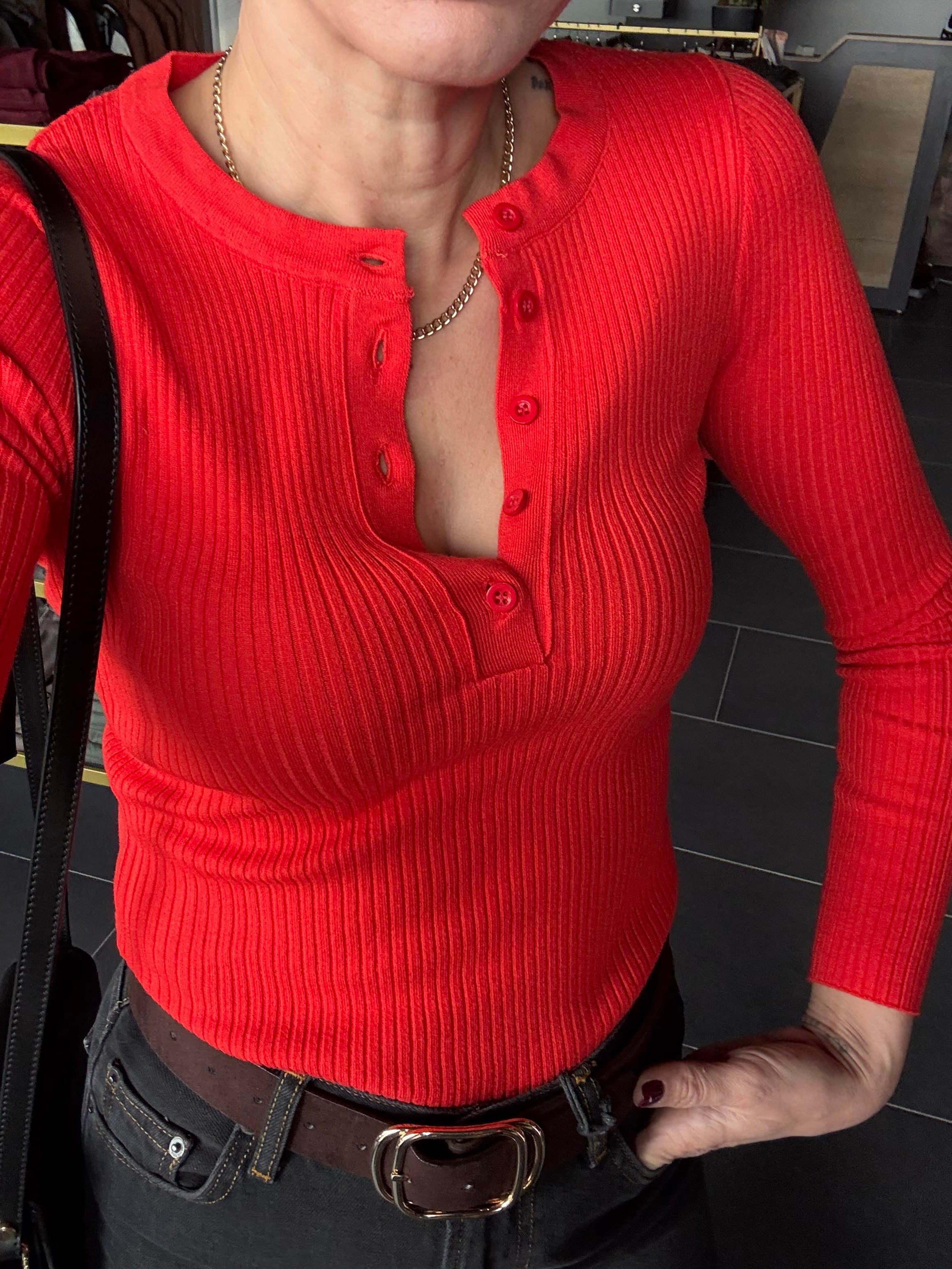 Yarım Düğmeli Fitilli Nar Çiçeği Triko Kazak