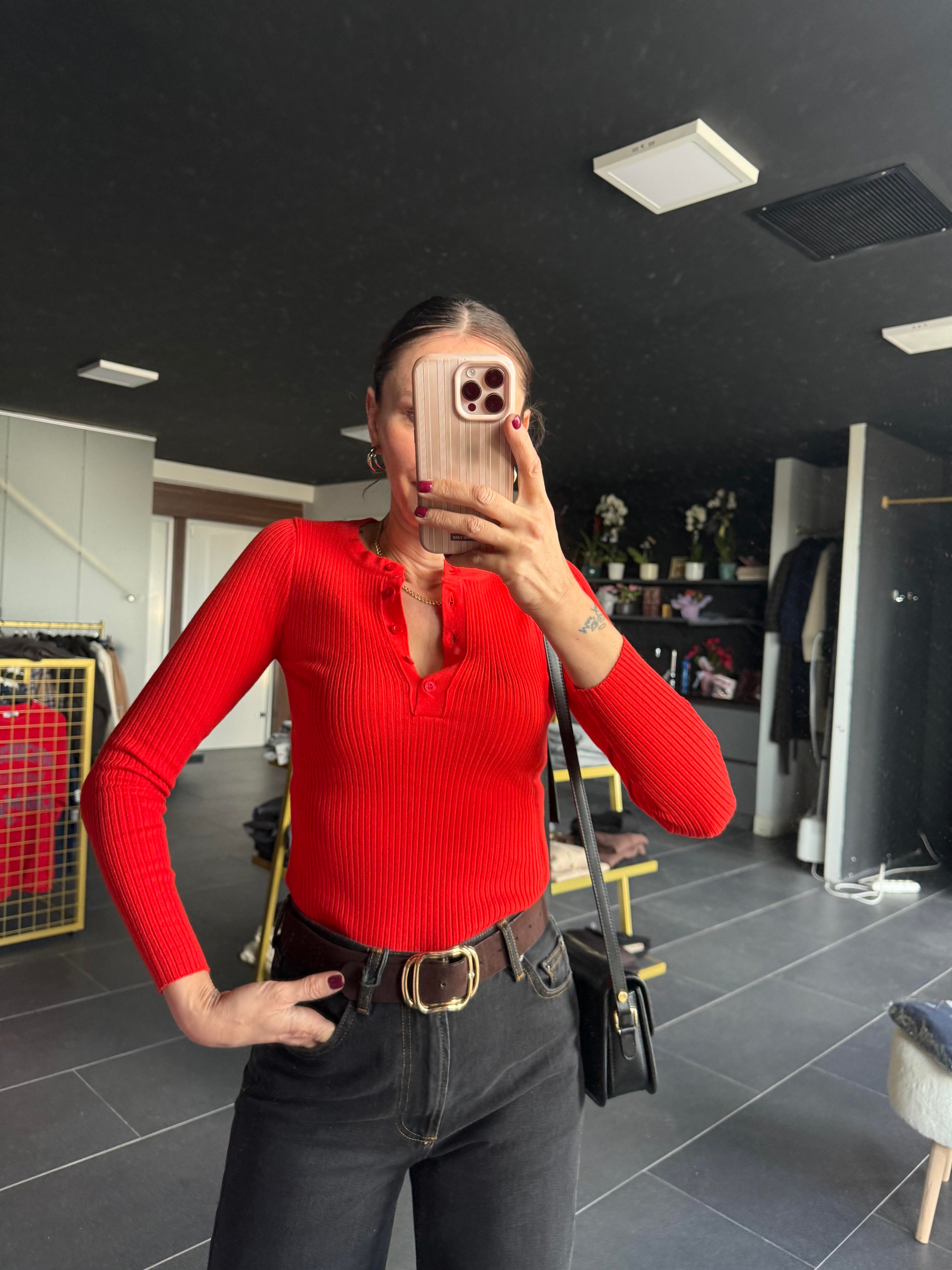 Yarım Düğmeli Fitilli Nar Çiçeği Triko Kazak