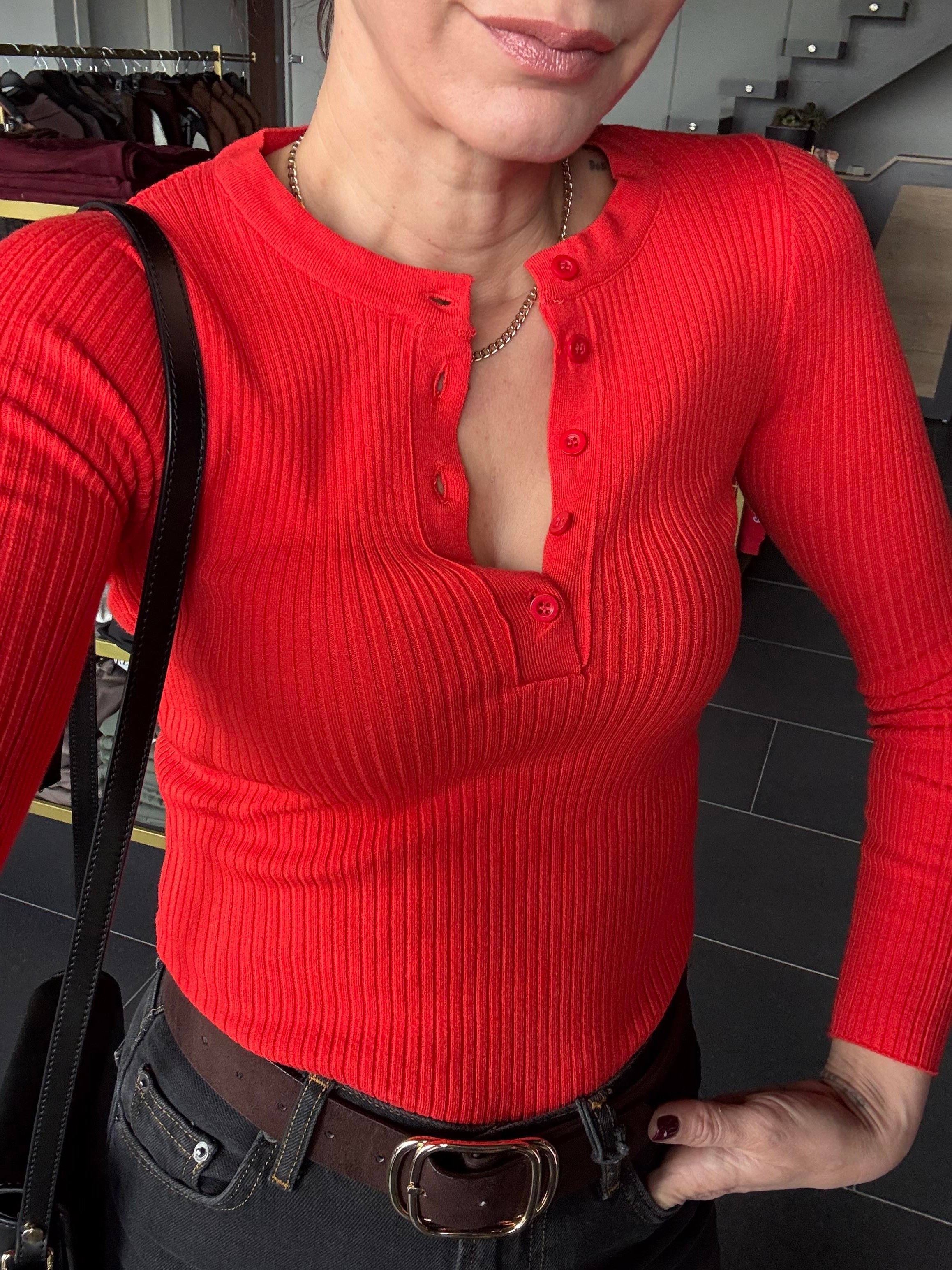 Yarım Düğmeli Fitilli Nar Çiçeği Triko Kazak