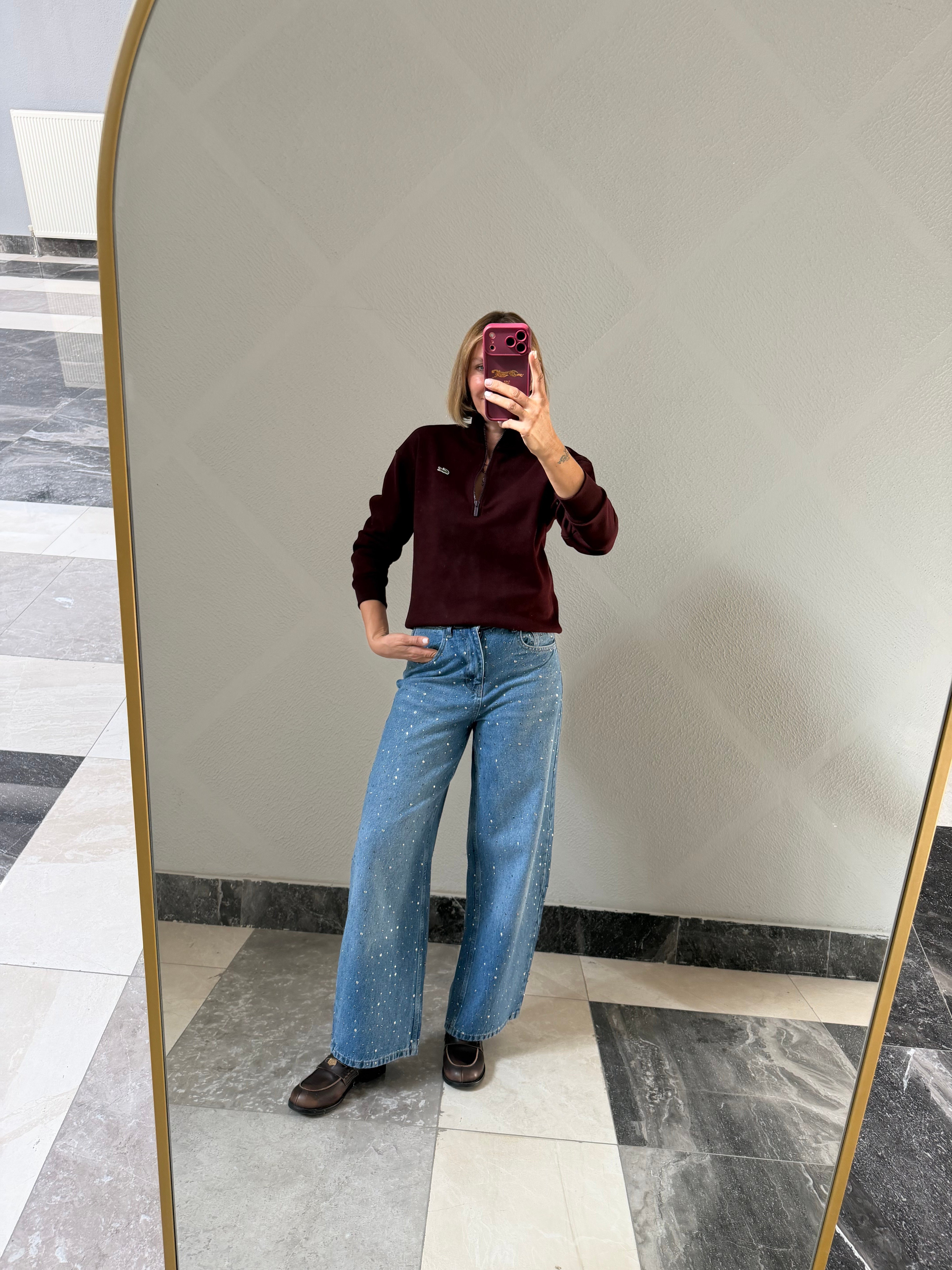 Yarım Fermuarlı Bordo Pike Kumaş Logolu Sweat