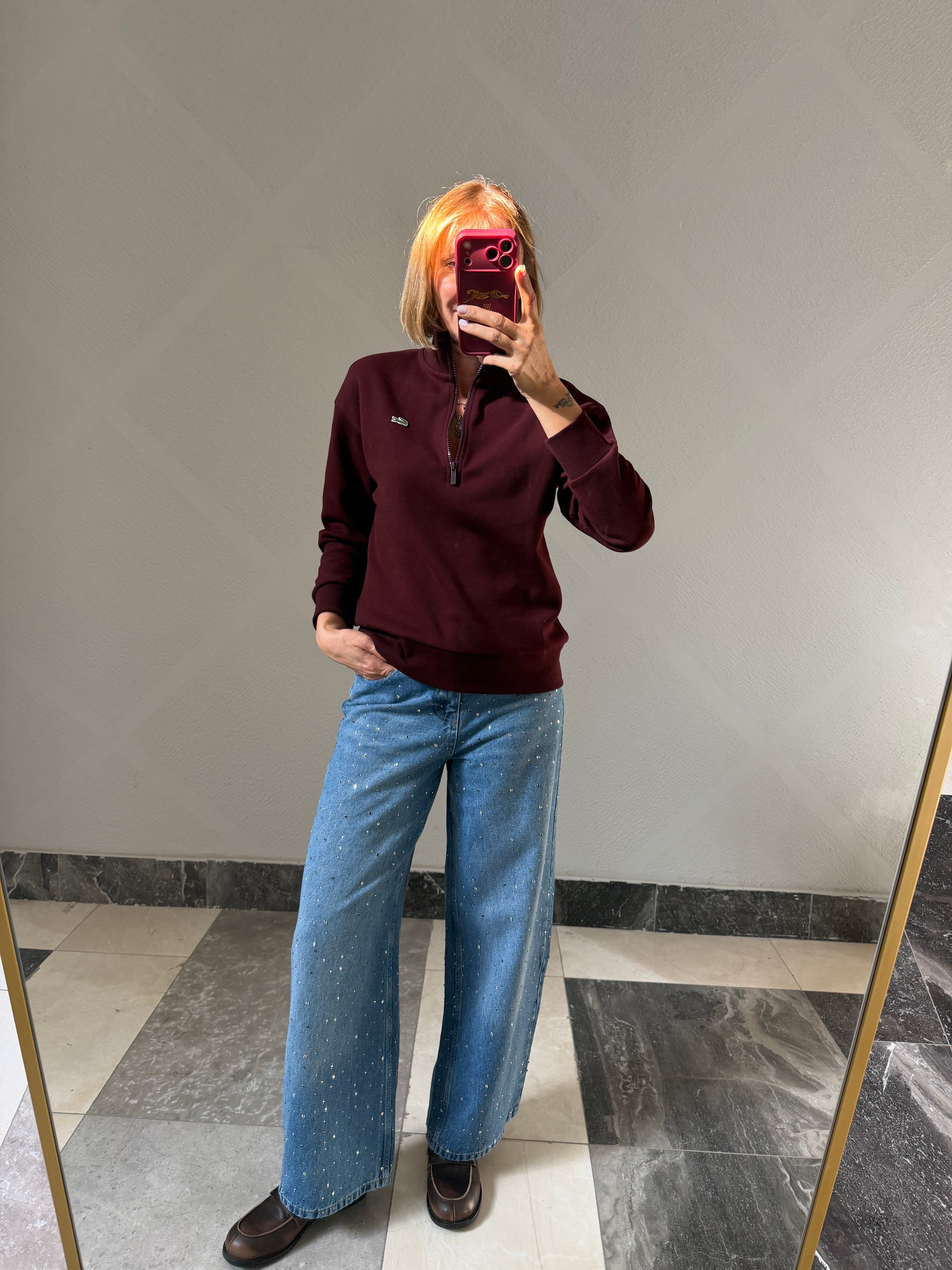 Yarım Fermuarlı Bordo Pike Kumaş Logolu Sweat