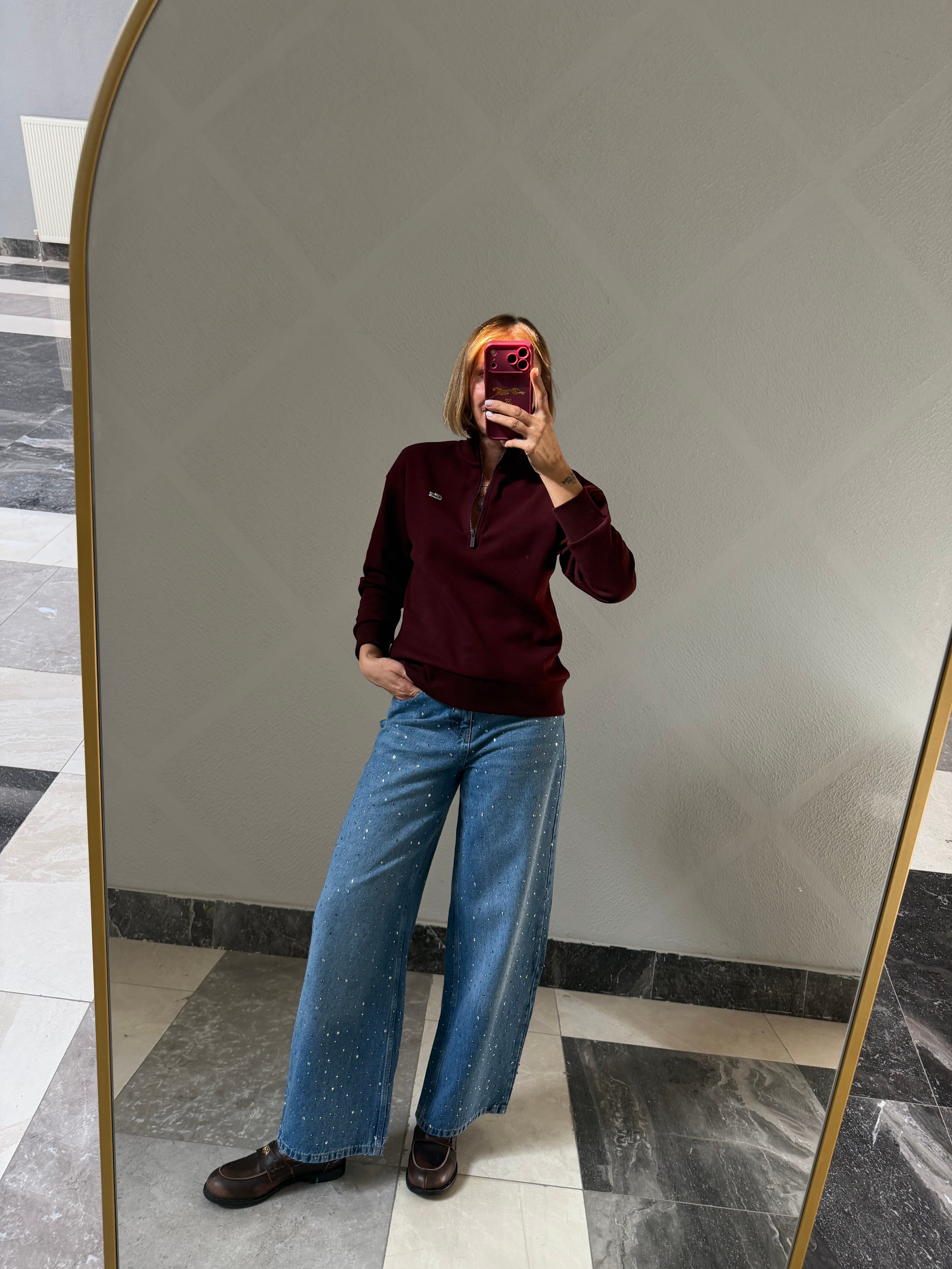 Yarım Fermuarlı Bordo Pike Kumaş Logolu Sweat