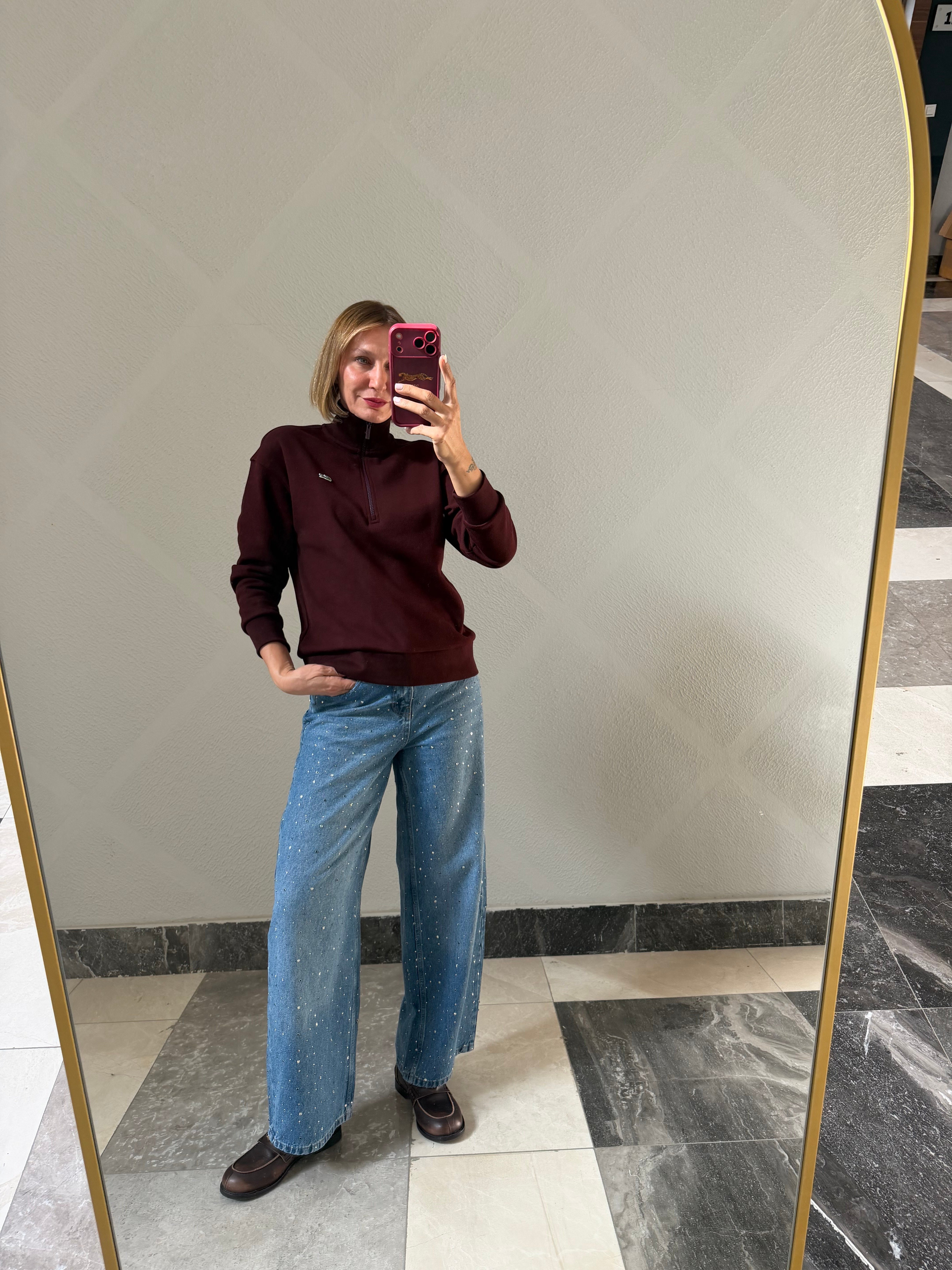 Yarım Fermuarlı Bordo Pike Kumaş Logolu Sweat