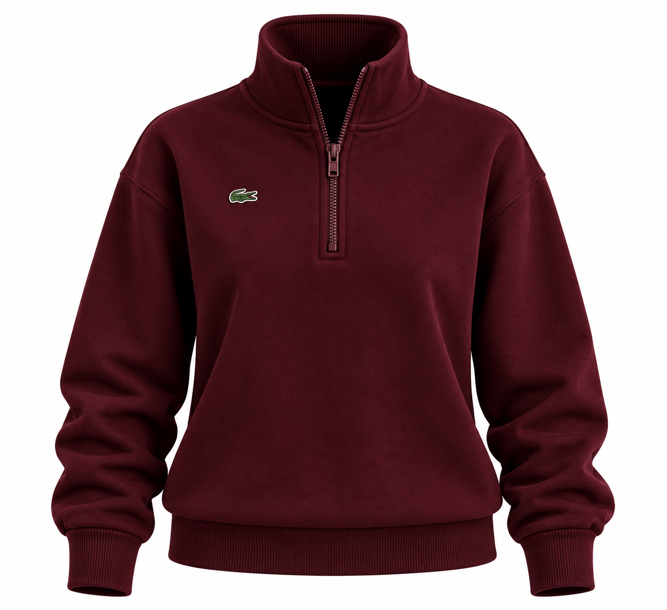 Yarım Fermuarlı Bordo Pike Kumaş Logolu Sweat