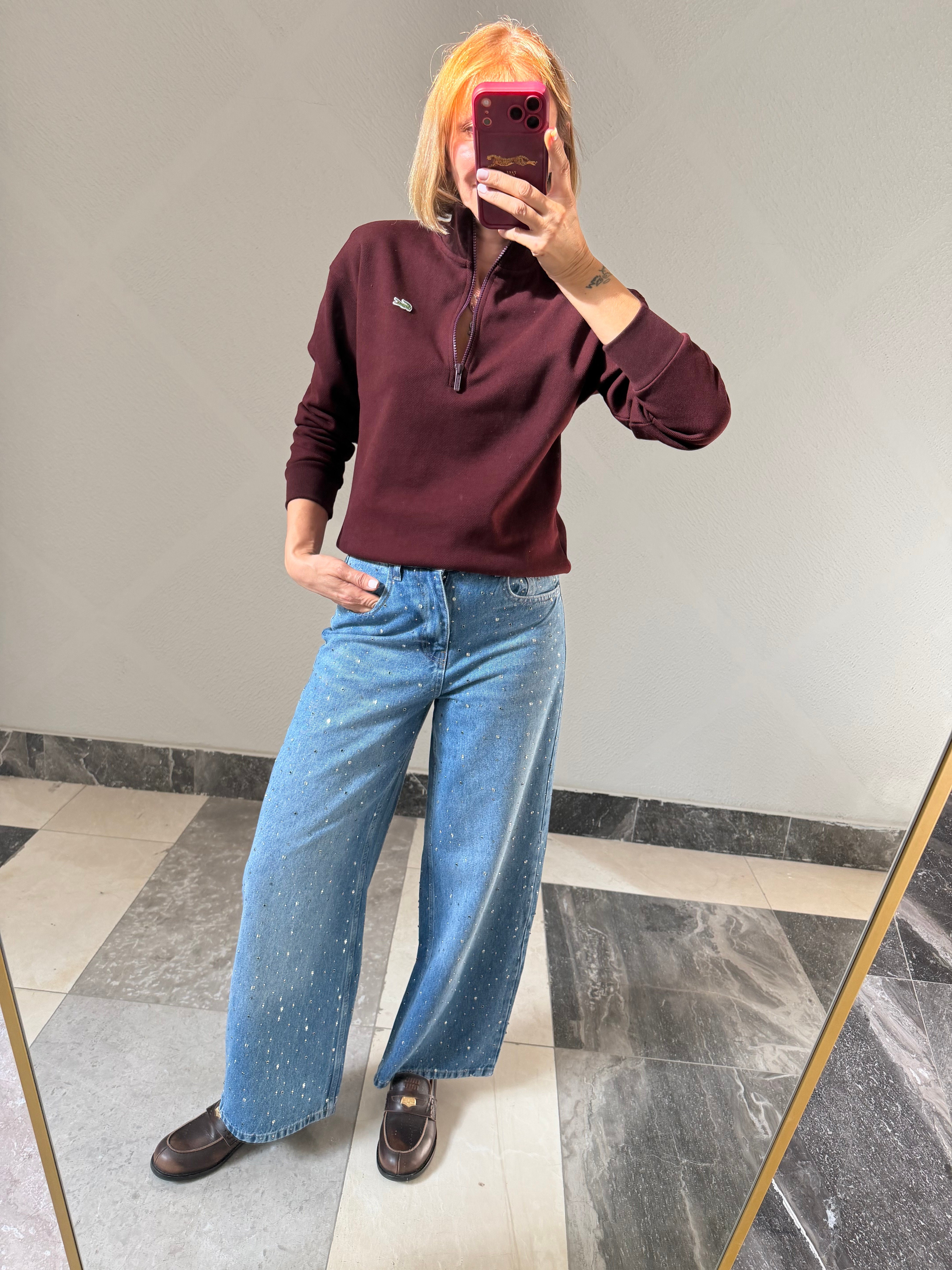 Yarım Fermuarlı Bordo Pike Kumaş Logolu Sweat