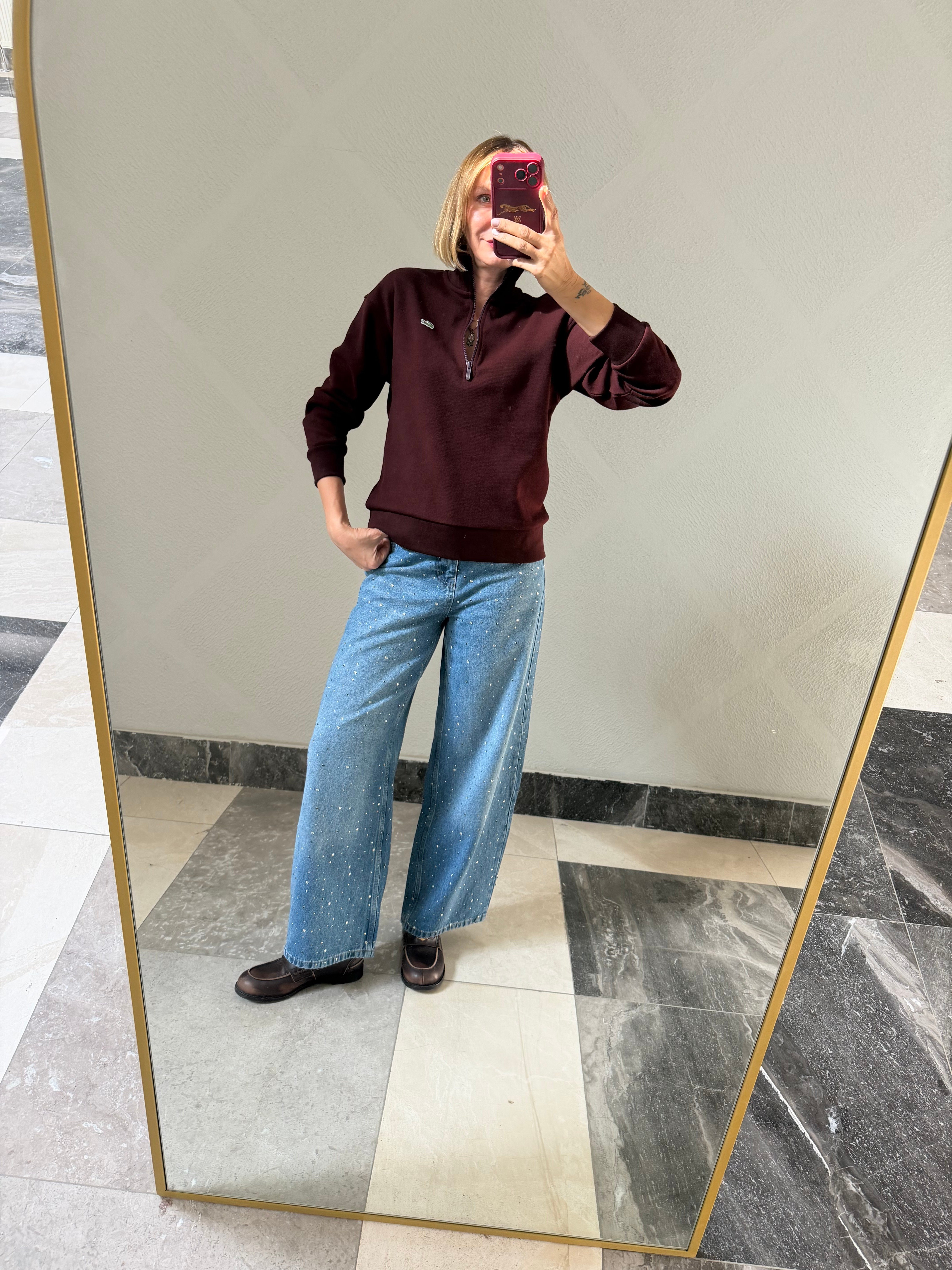 Yarım Fermuarlı Bordo Pike Kumaş Logolu Sweat