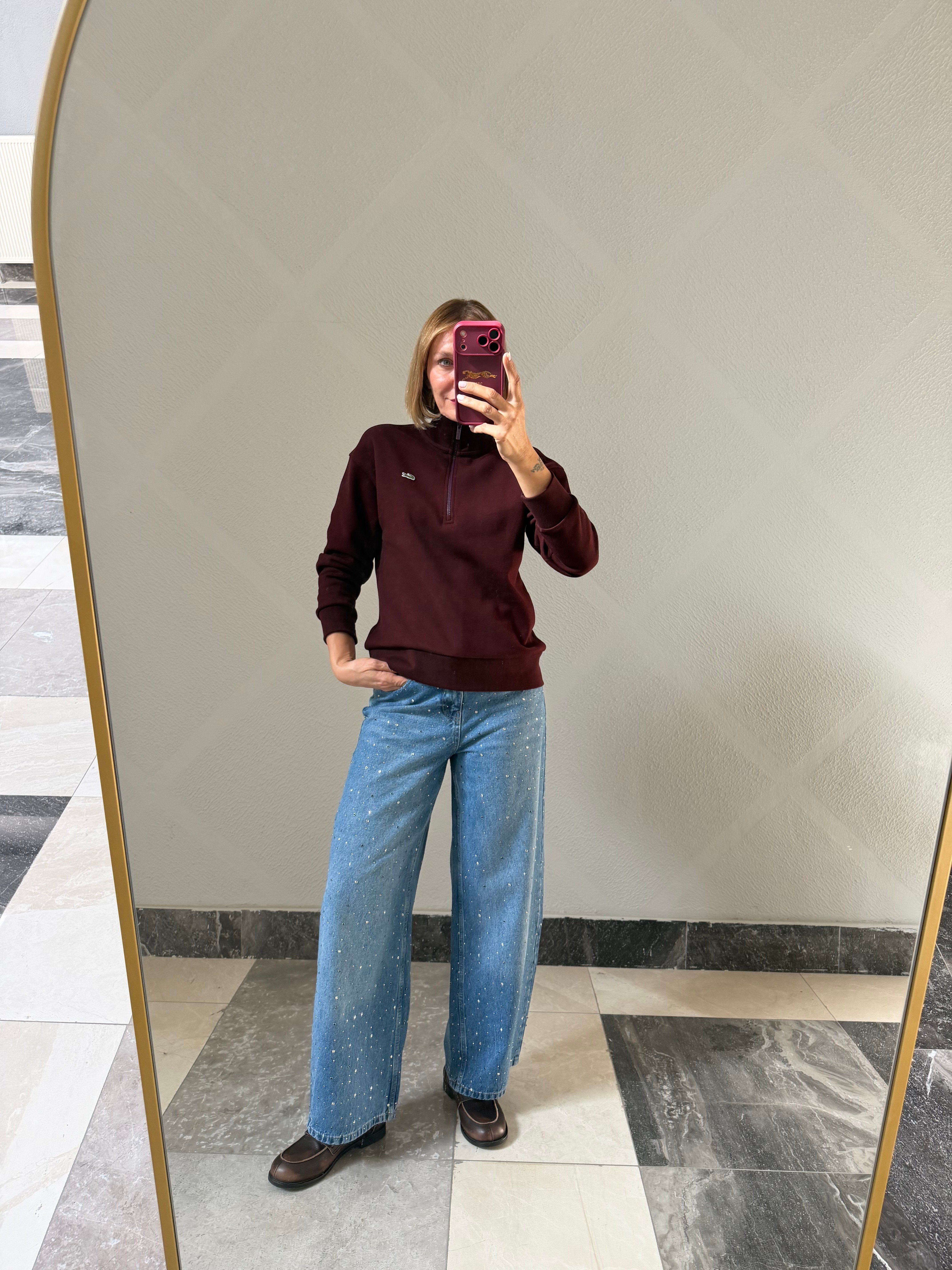 Yarım Fermuarlı Bordo Pike Kumaş Logolu Sweat