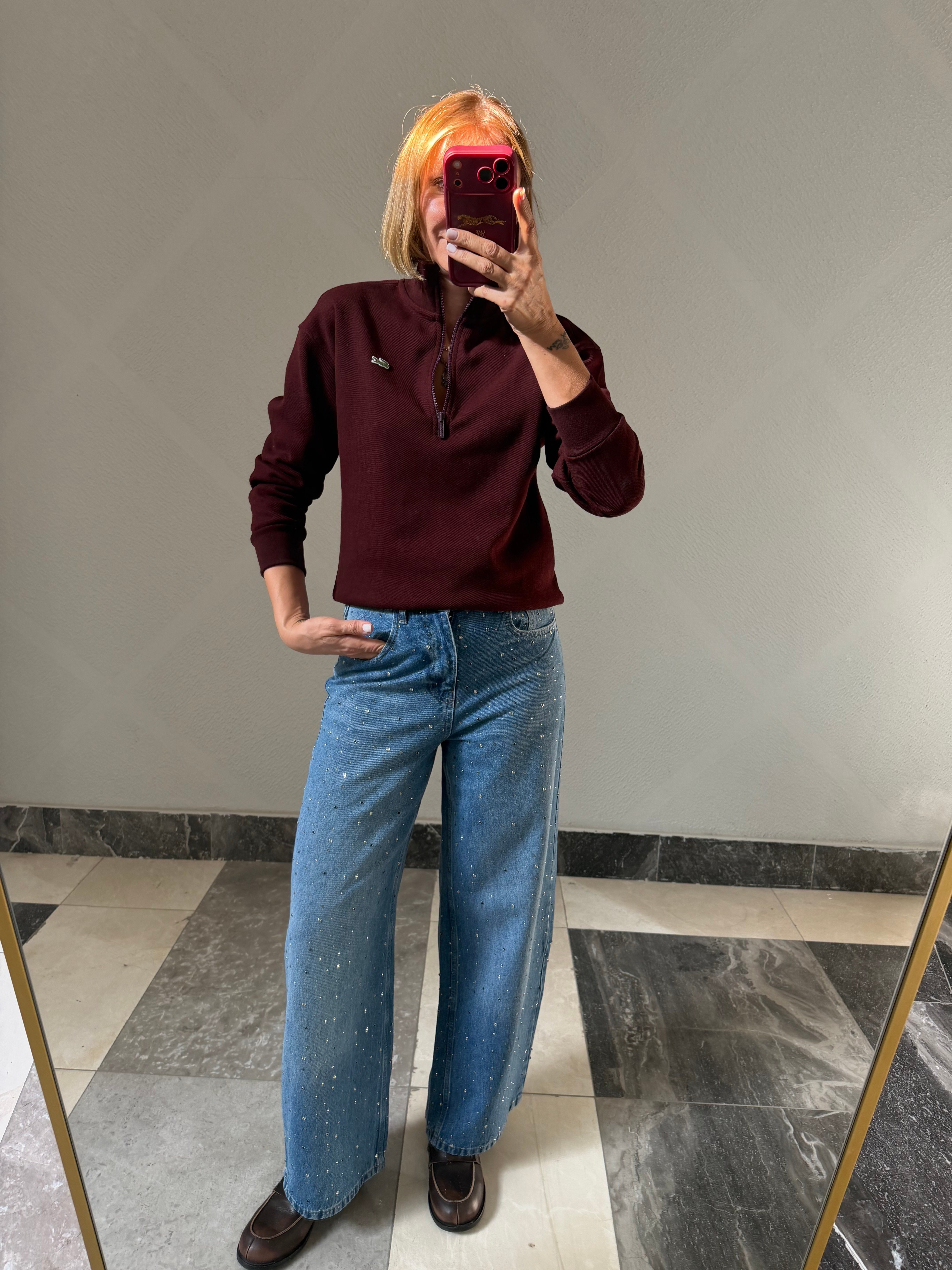 Yarım Fermuarlı Bordo Pike Kumaş Logolu Sweat