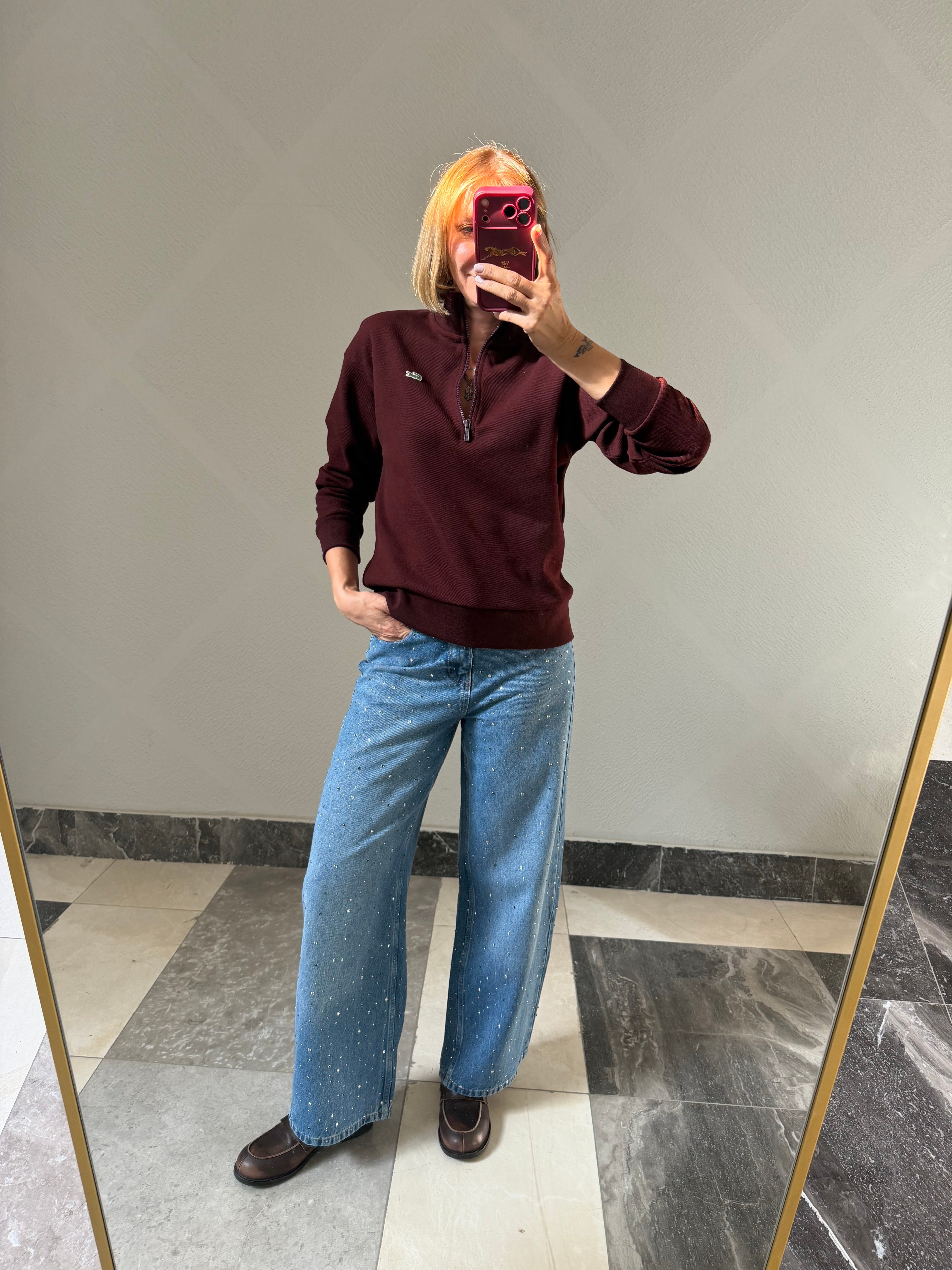Yarım Fermuarlı Bordo Pike Kumaş Logolu Sweat