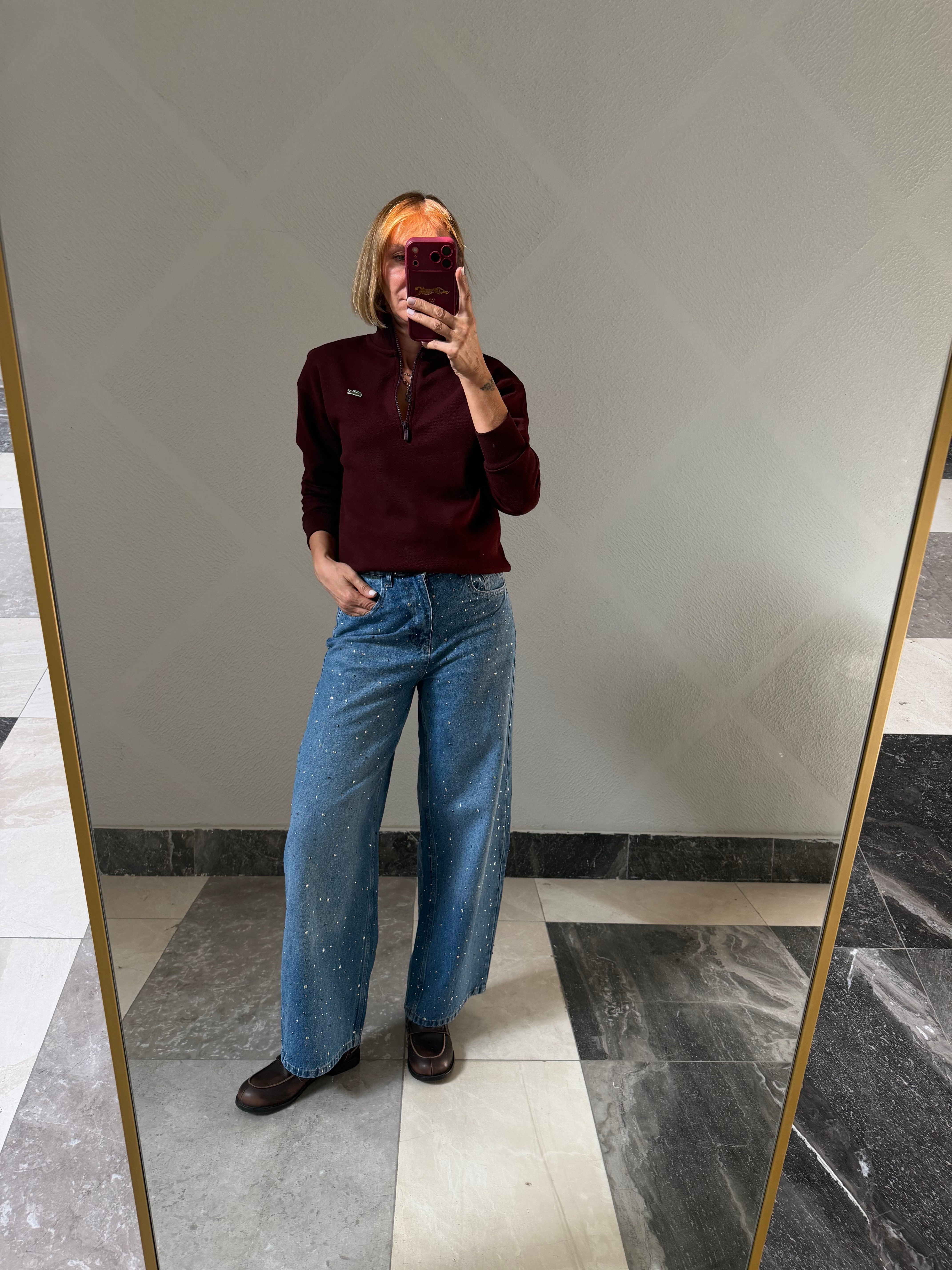 Yarım Fermuarlı Bordo Pike Kumaş Logolu Sweat