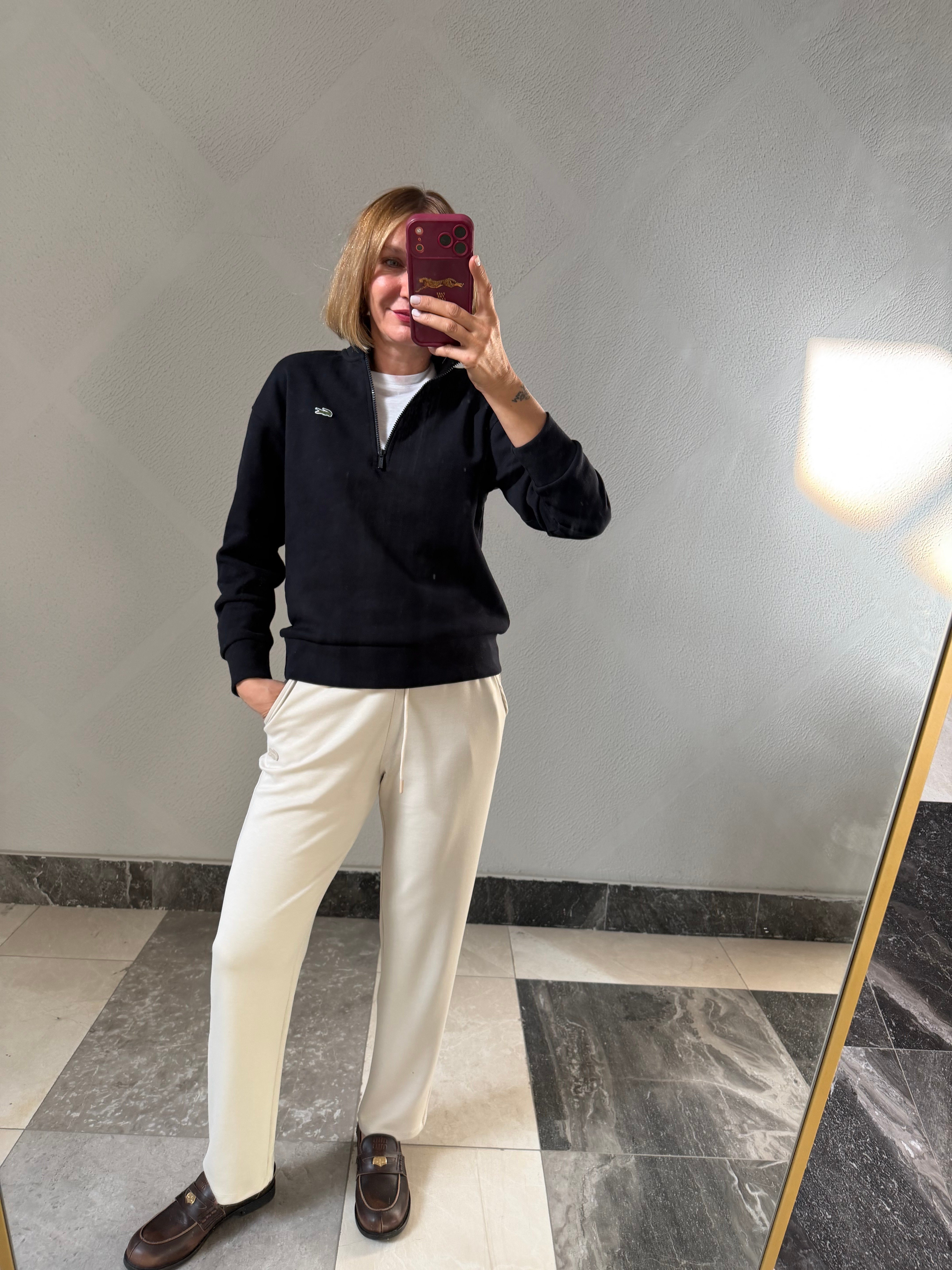 Yarım Fermuarlı Koyu Lacivert Pike Kumaş Logolu Sweat