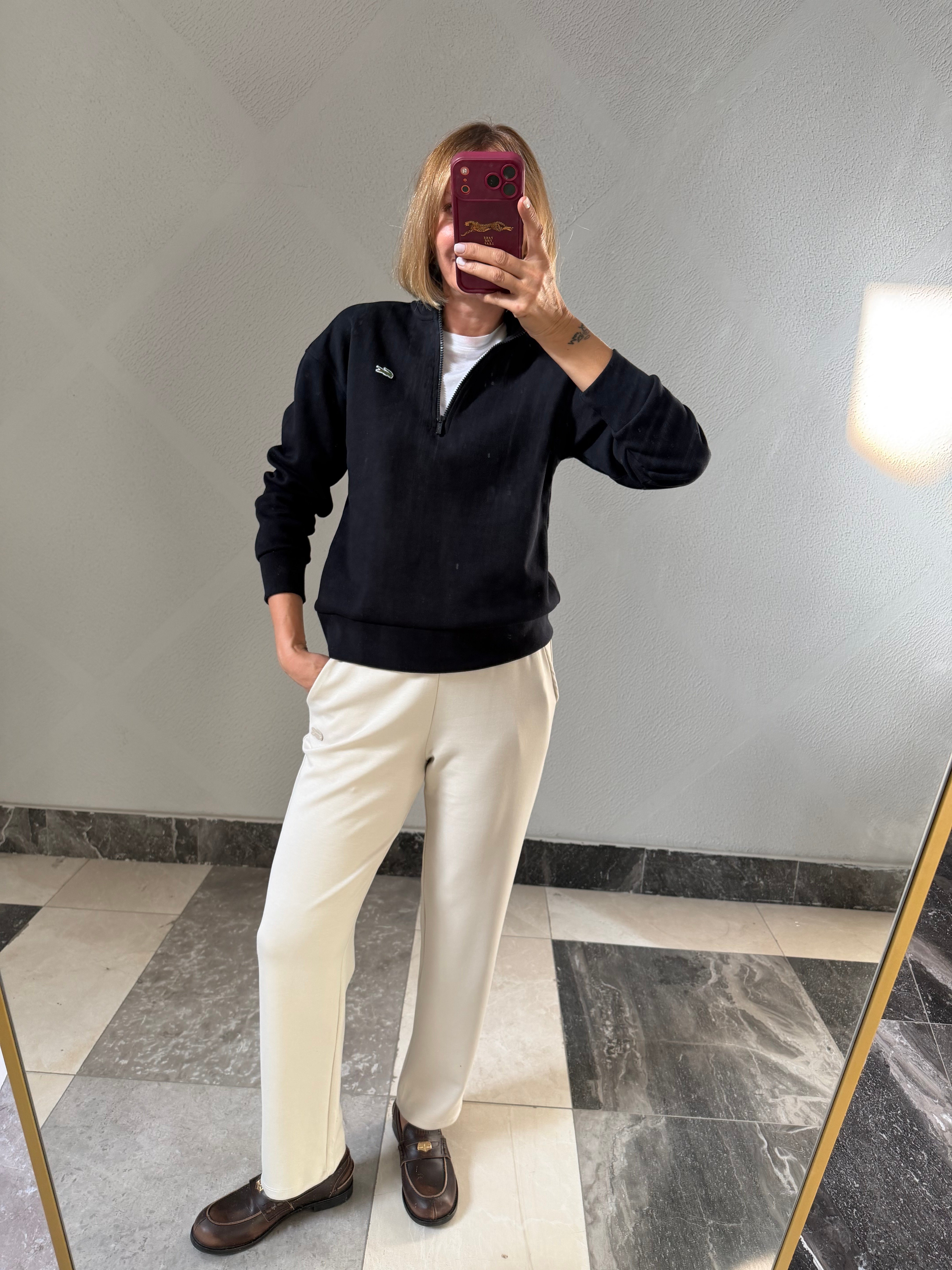 Yarım Fermuarlı Koyu Lacivert Pike Kumaş Logolu Sweat
