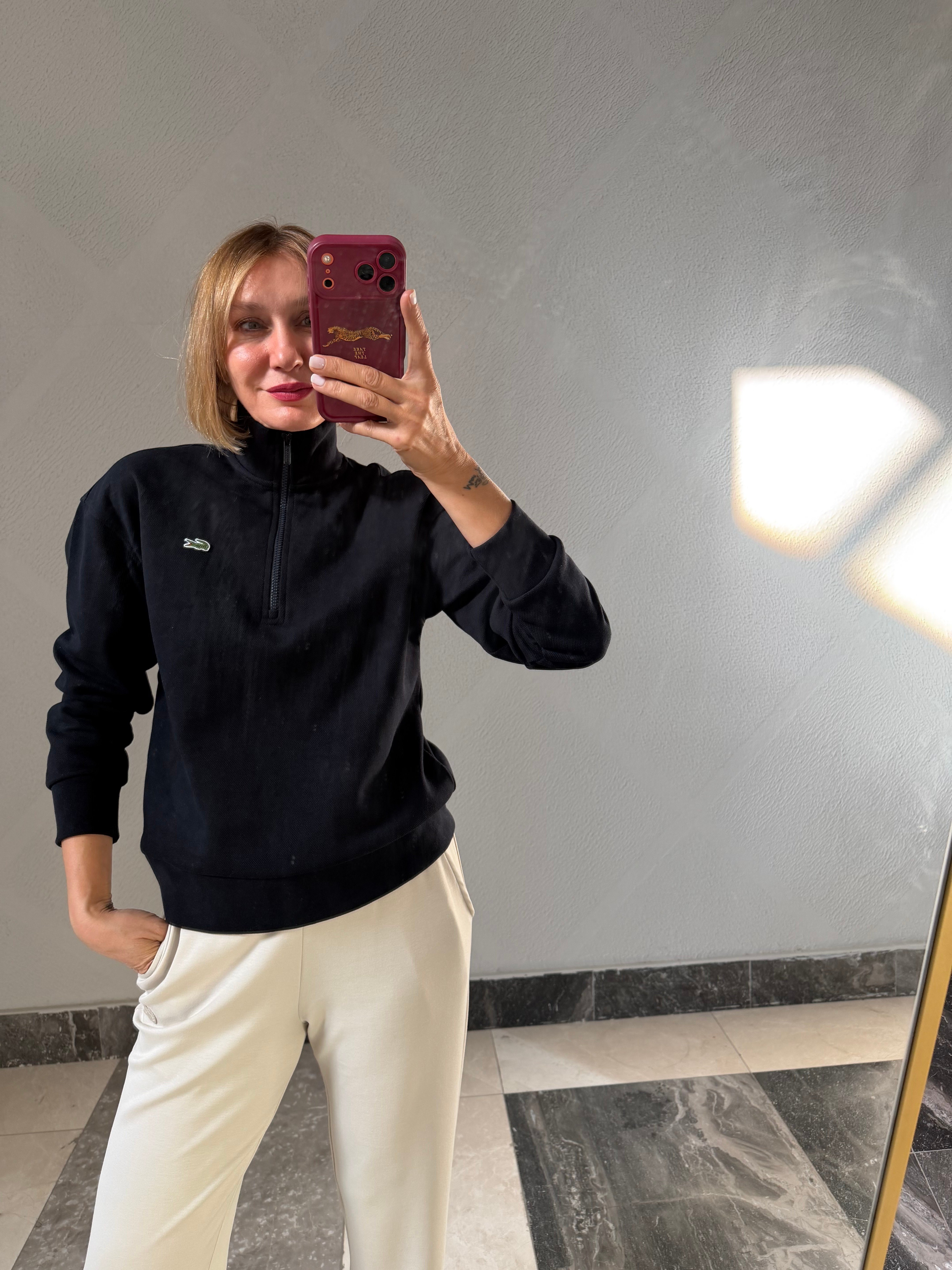 Yarım Fermuarlı Koyu Lacivert Pike Kumaş Logolu Sweat