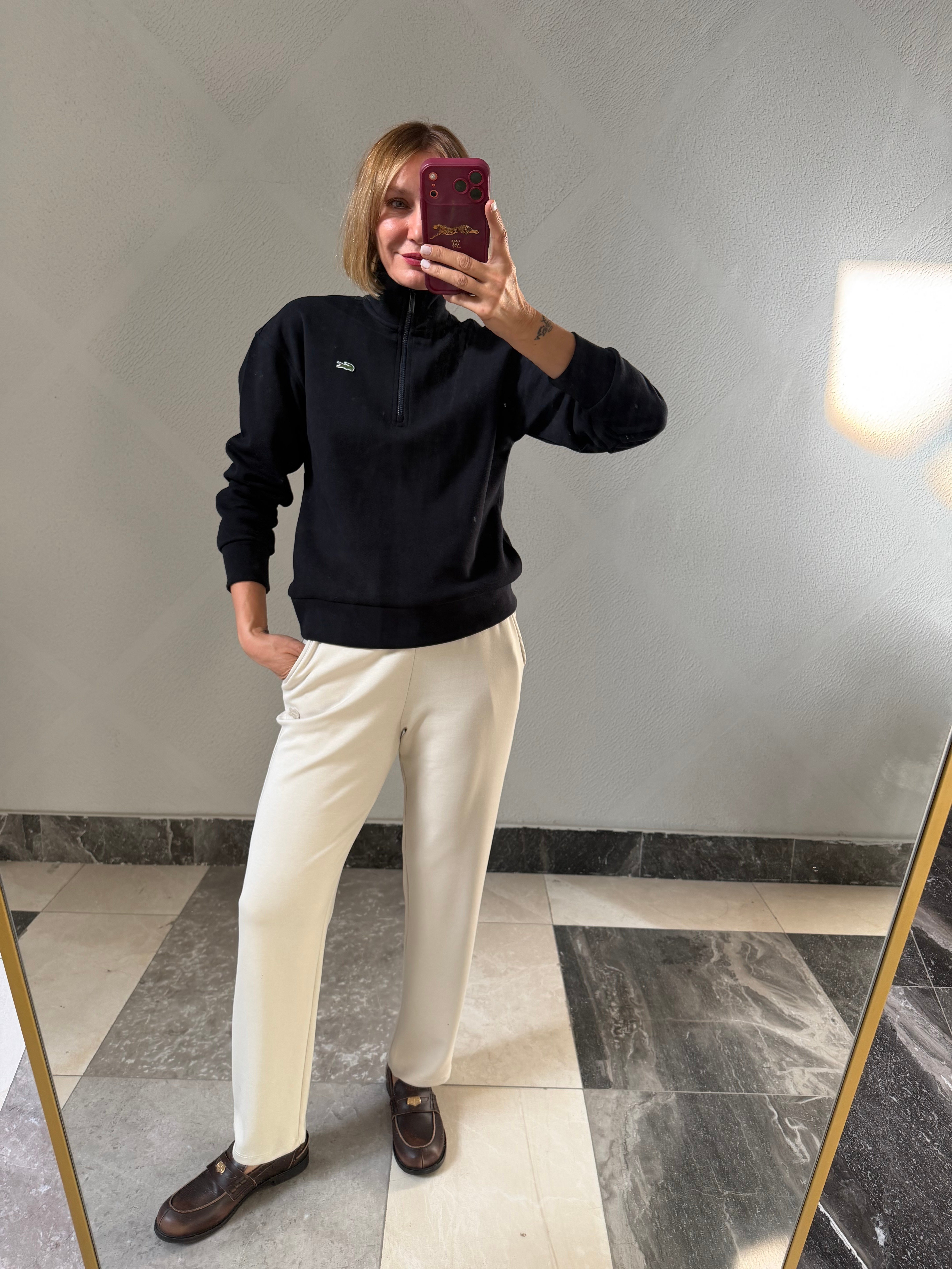 Yarım Fermuarlı Koyu Lacivert Pike Kumaş Logolu Sweat