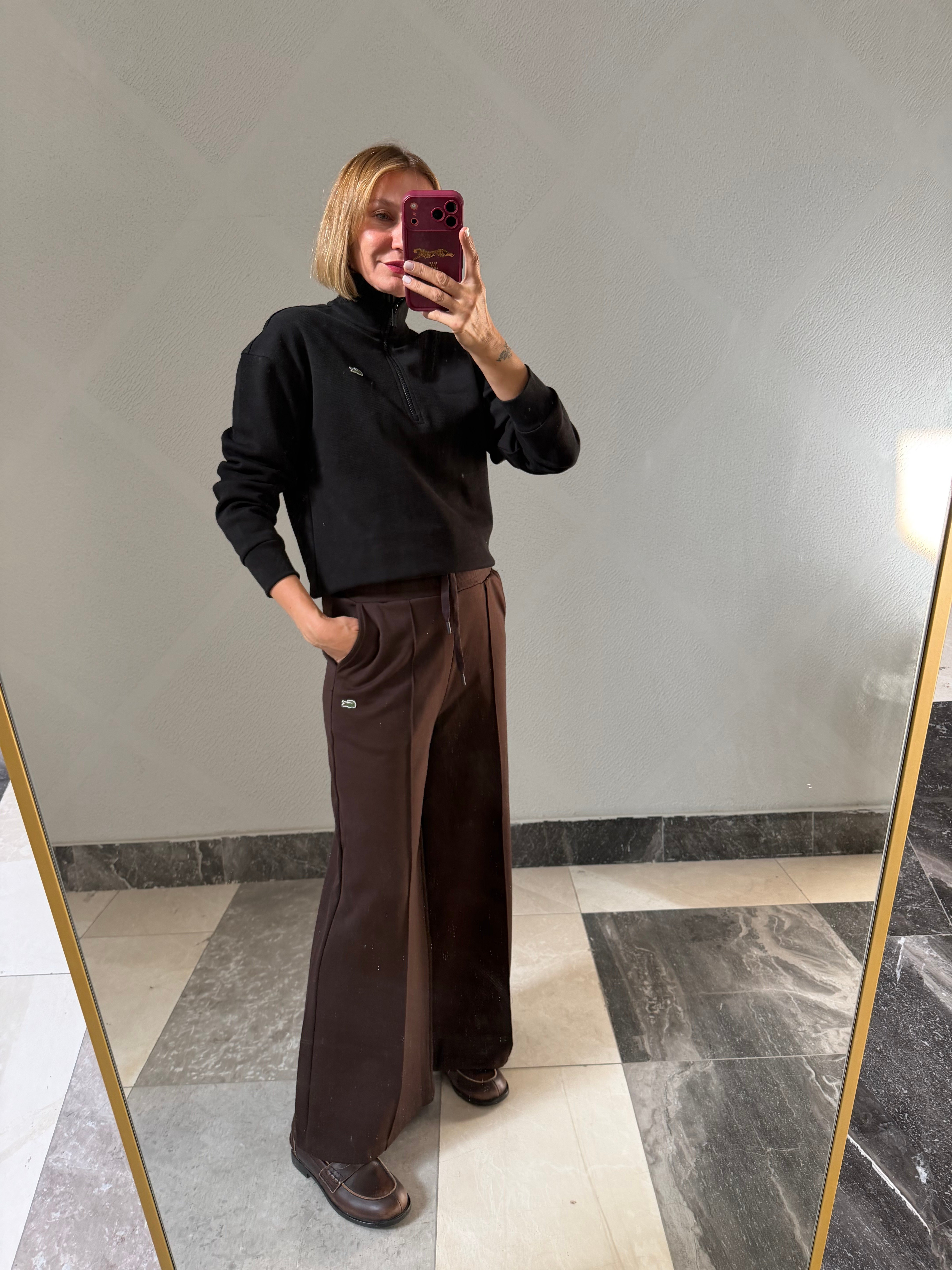 Yarım Fermuarlı Siyah Pike Kumaş Logolu Sweat
