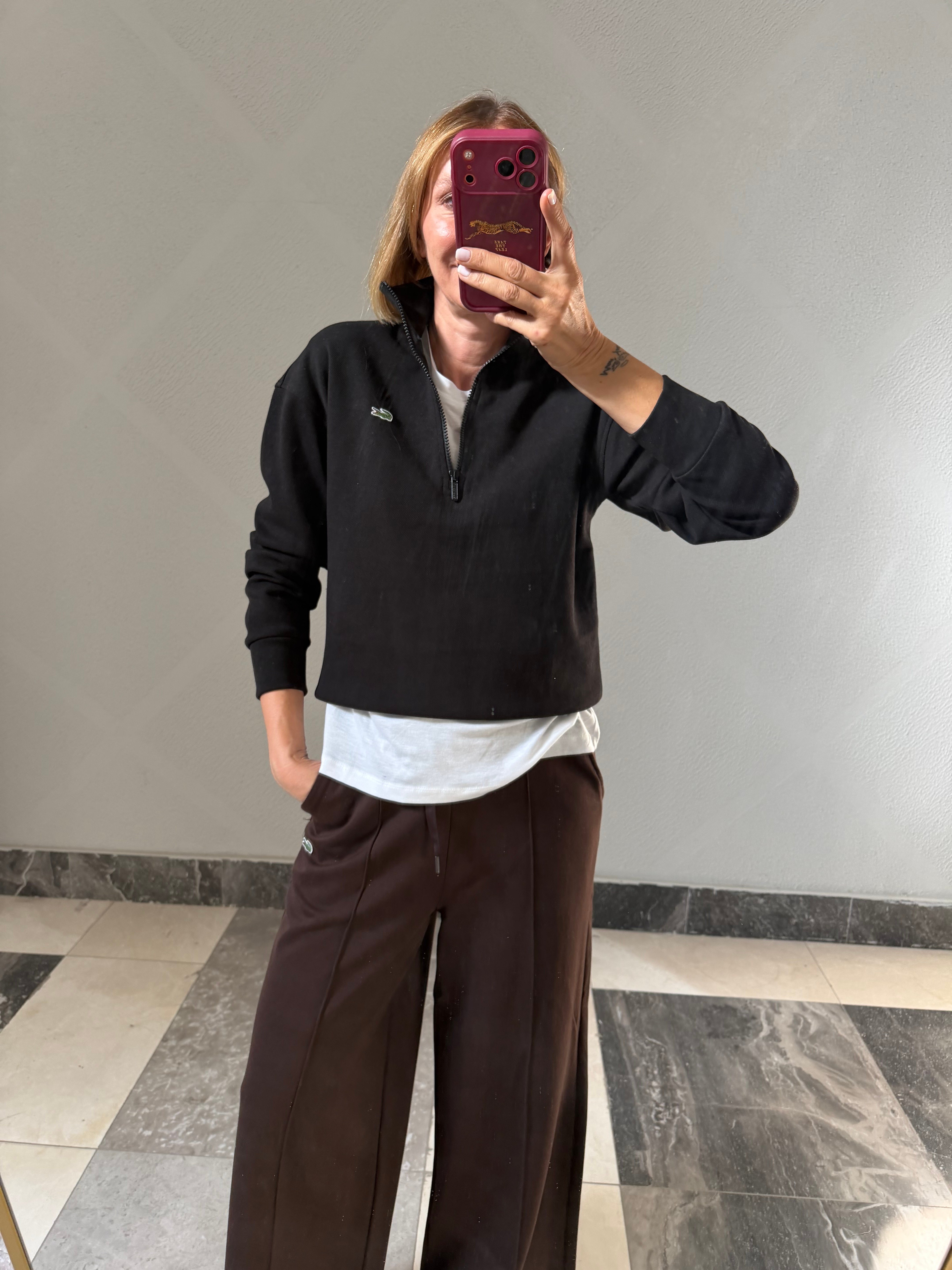 Yarım Fermuarlı Siyah Pike Kumaş Logolu Sweat