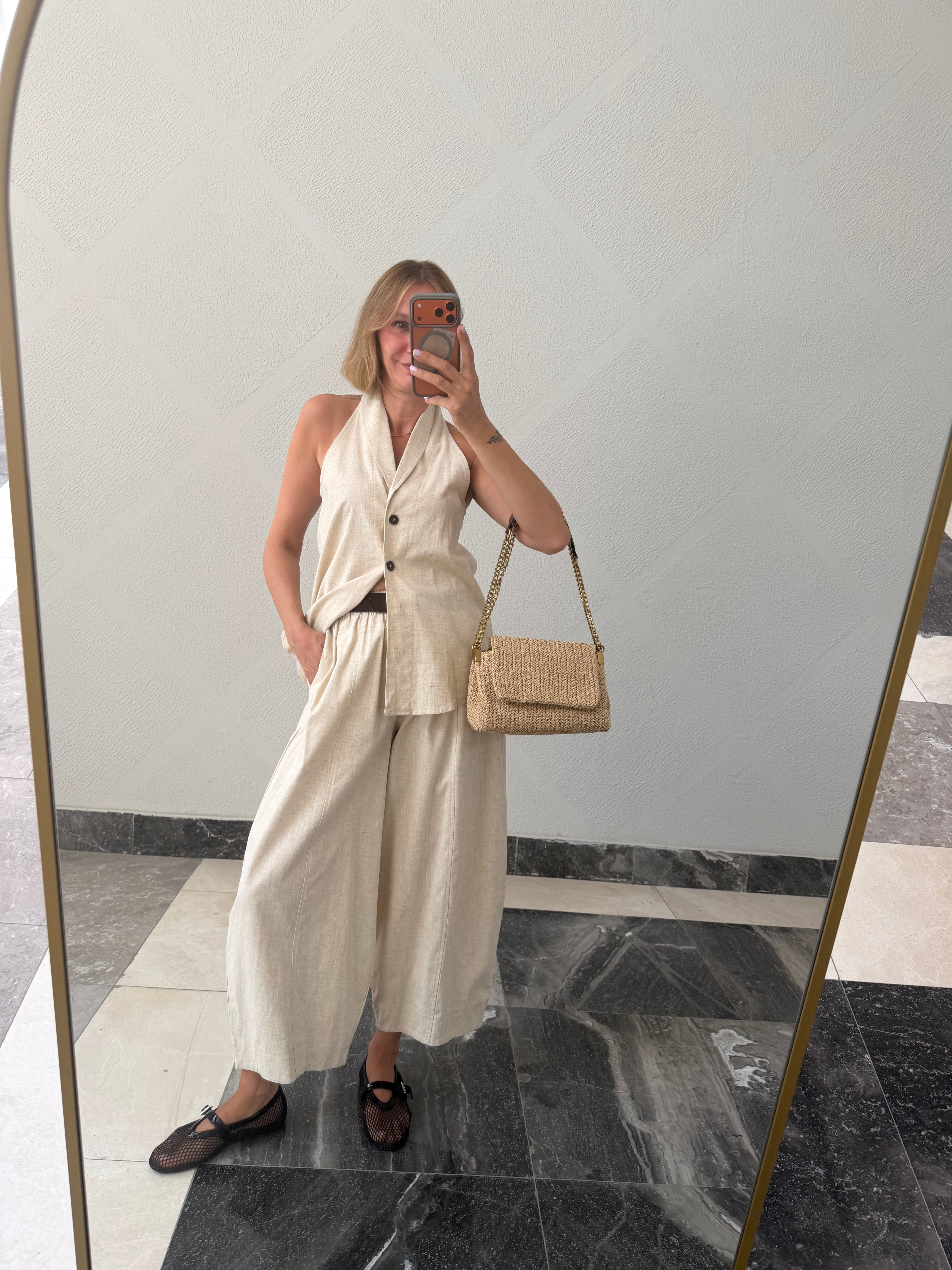 Yelekli Linen Ekru Takım